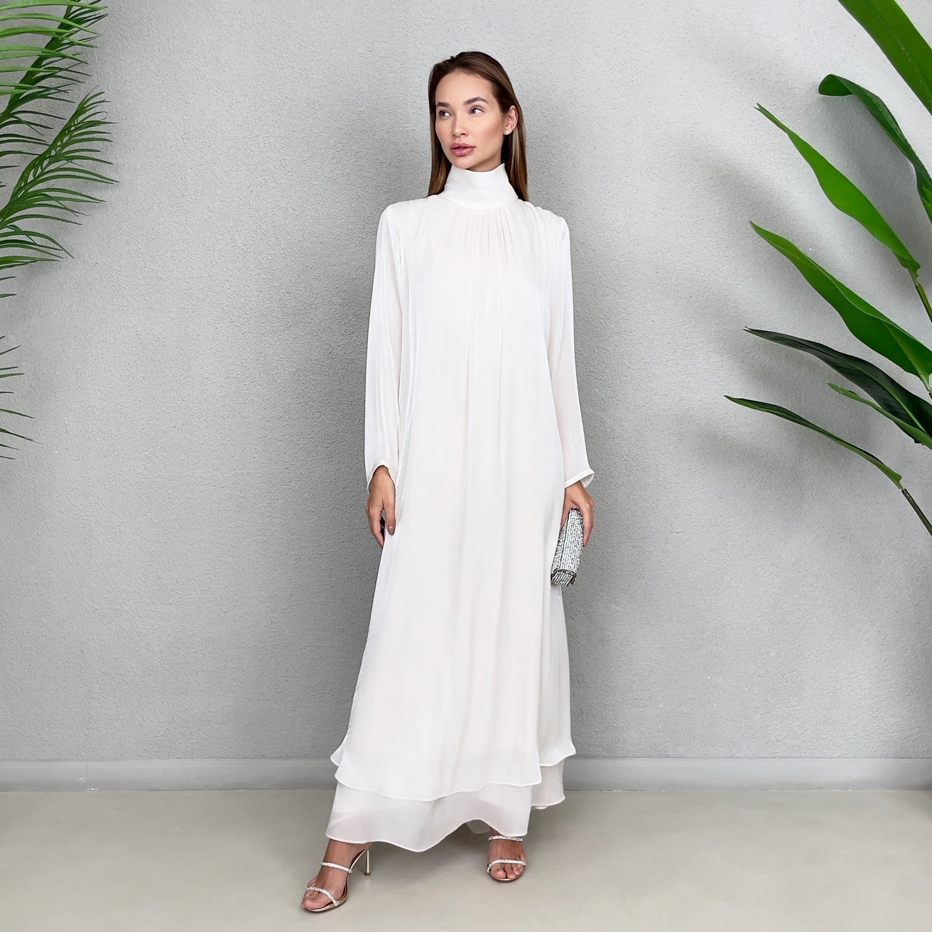 RAM23 OFF WHITE ORGANZA HIGH NECK DRESS