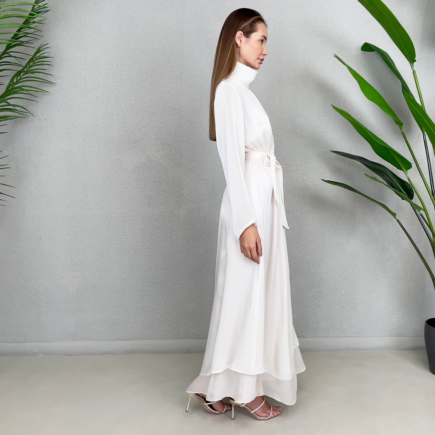 RAM23 OFF WHITE ORGANZA HIGH NECK DRESS