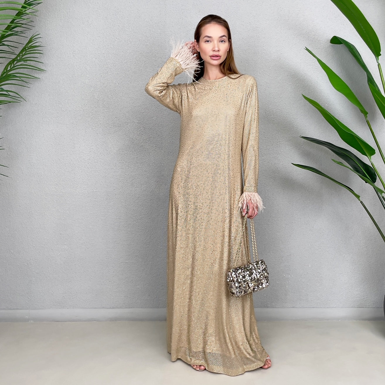 RAM23 LAMIS BEIGE CRYSTAL MESH DRESS
