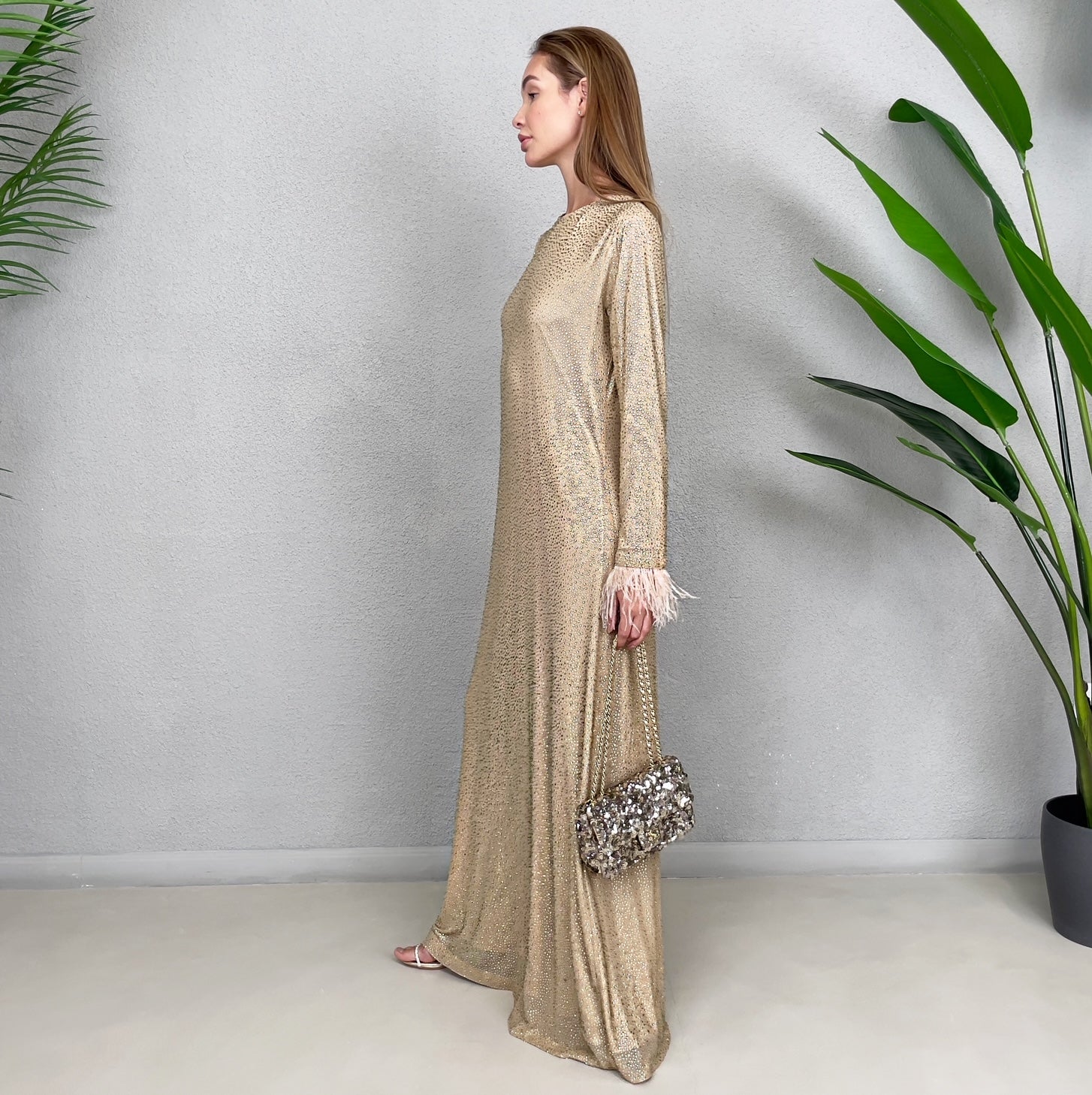 RAM23 LAMIS BEIGE CRYSTAL MESH DRESS