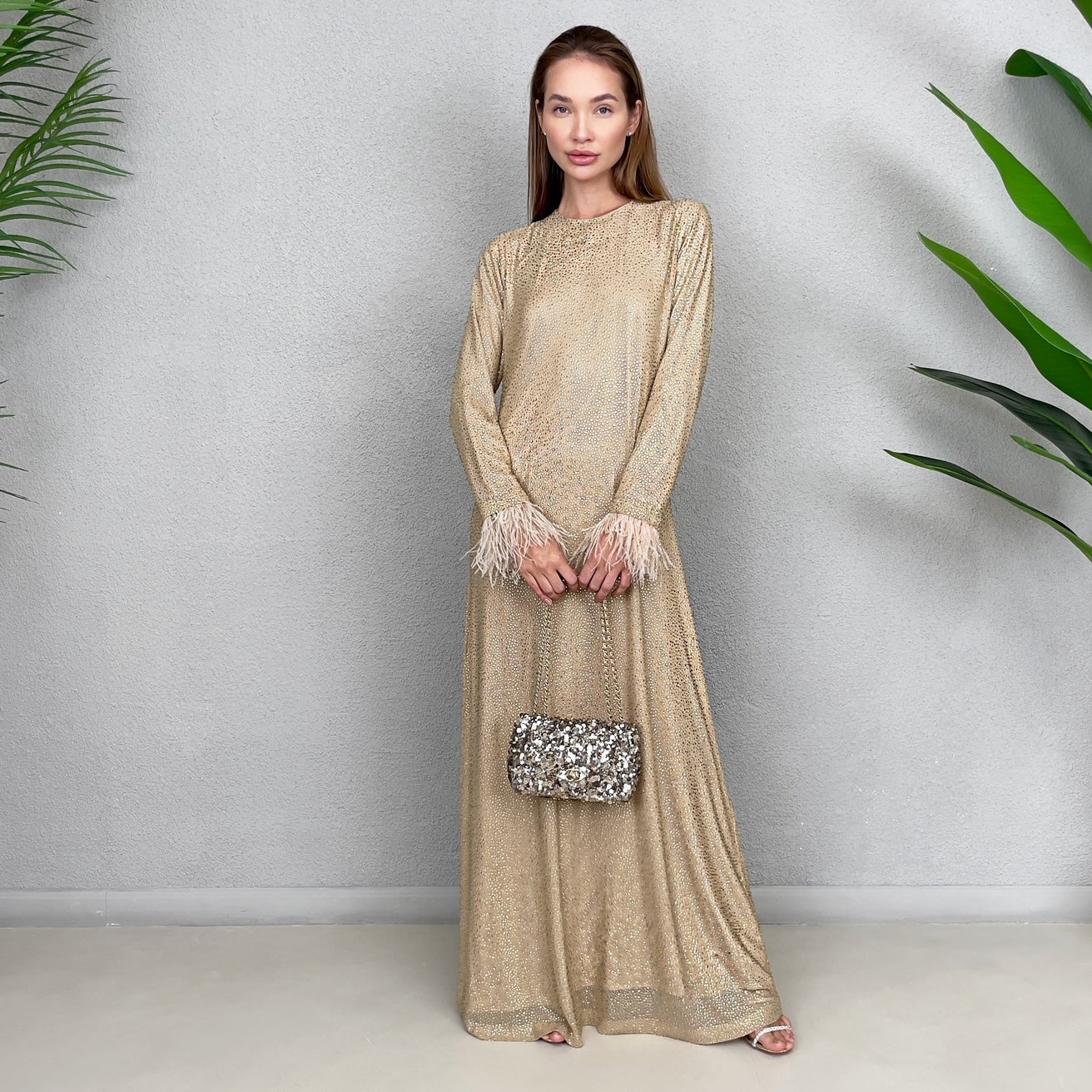 RAM23 LAMIS BEIGE CRYSTAL MESH DRESS