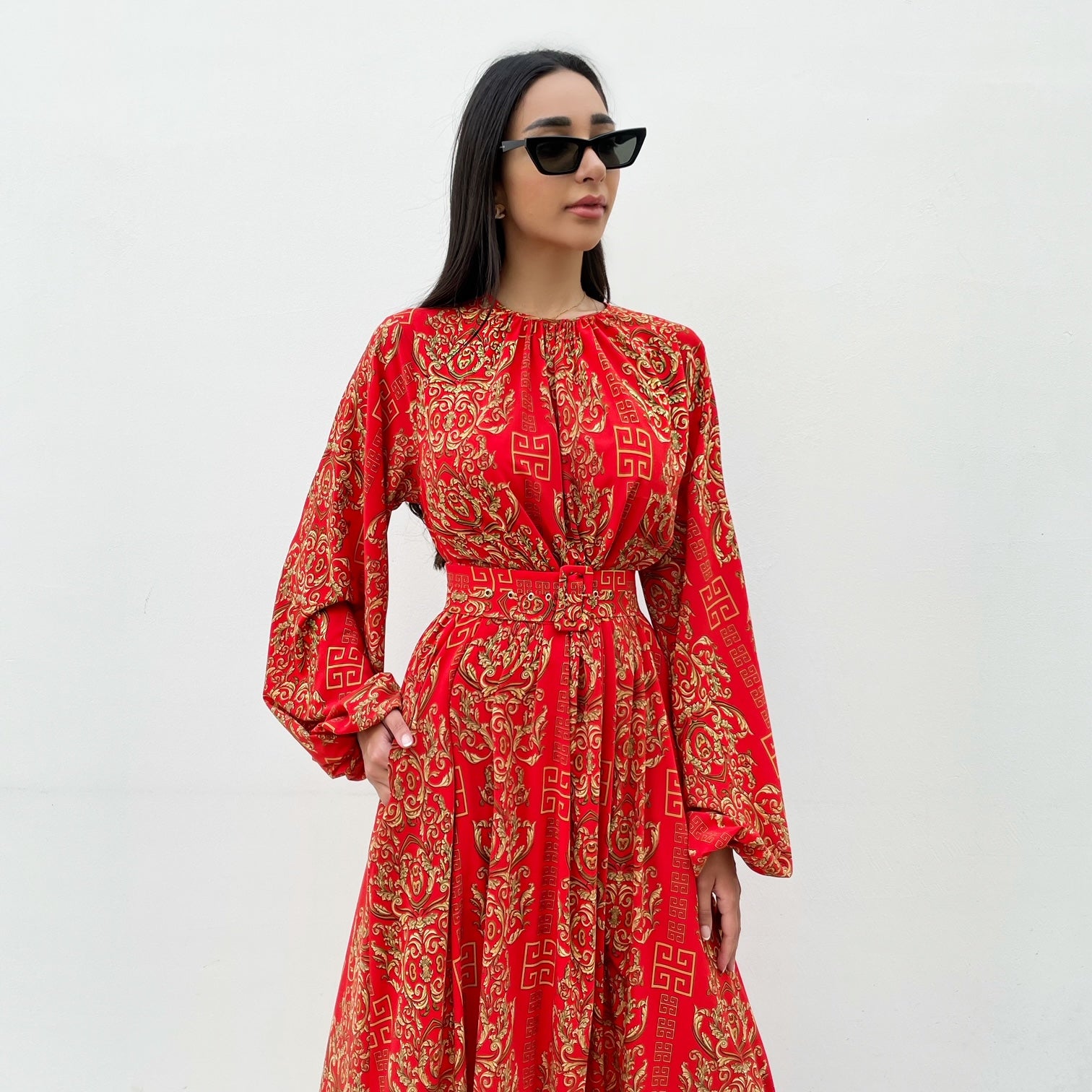 RAM21 LINA RED PRINTED BELTED MAXI DRESS