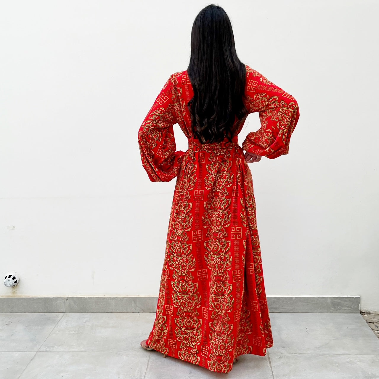 RAM21 LINA RED PRINTED BELTED MAXI DRESS