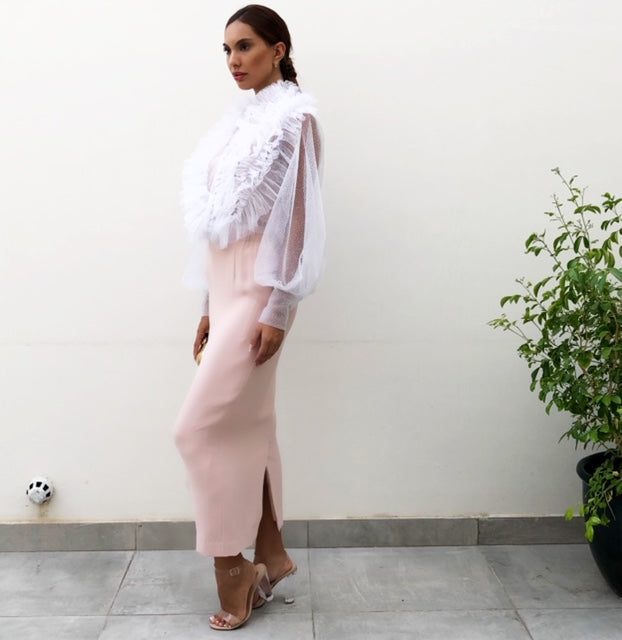 TULLE SHEER RUFFLES BLOUSE