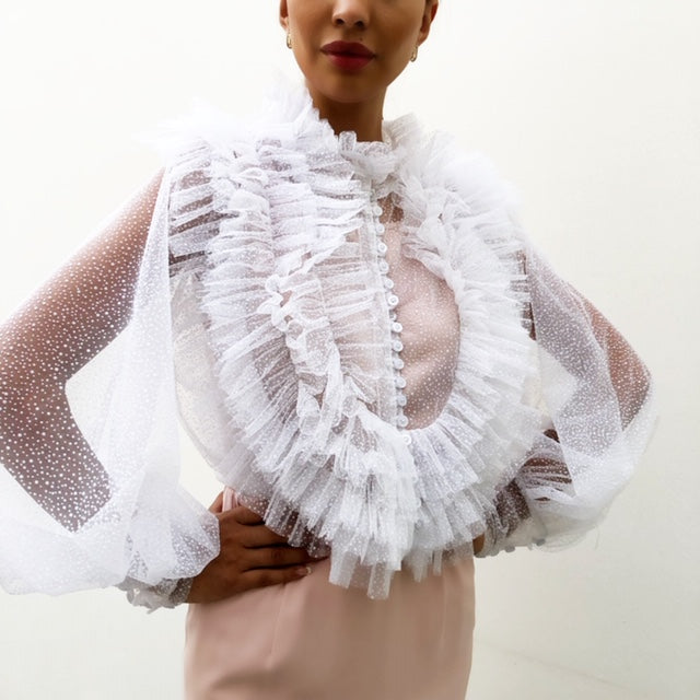 TULLE SHEER RUFFLES BLOUSE