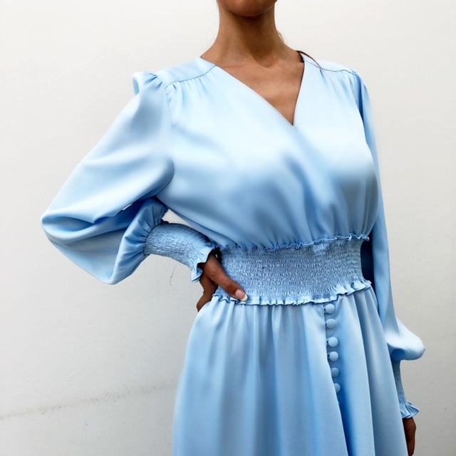 AW19 BABY BLUE RUCHED WAIST MAXI DRESS