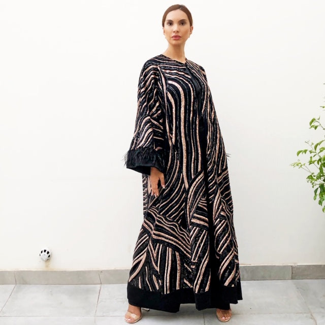 AW19 MARIAM TULLE WITH SEQUINS IN ROSE GOLD & BLACK EVENING ABAYA