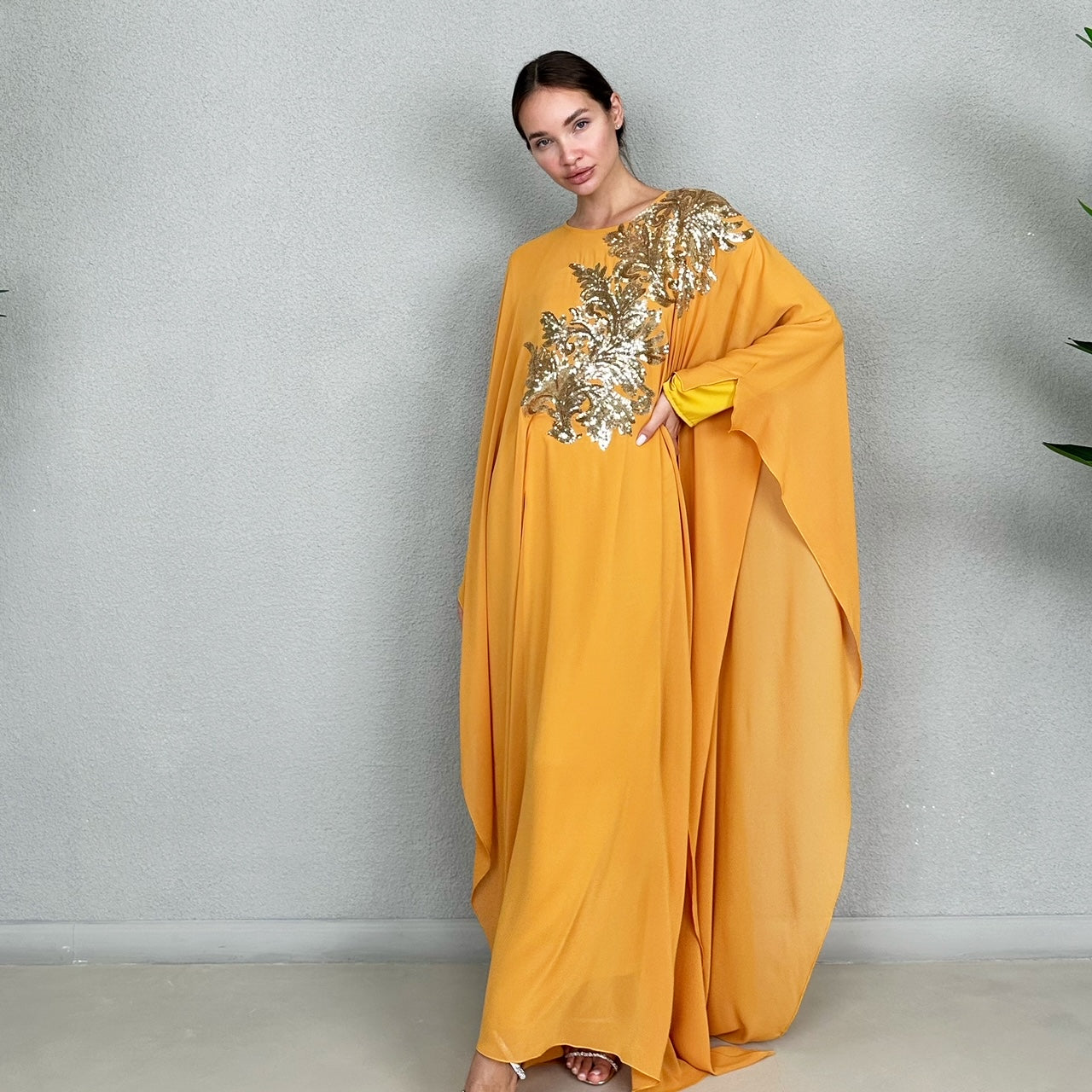 RAM23 RAMA MUSTARD GOLD SEQUINS CHIFFON KAFTAN