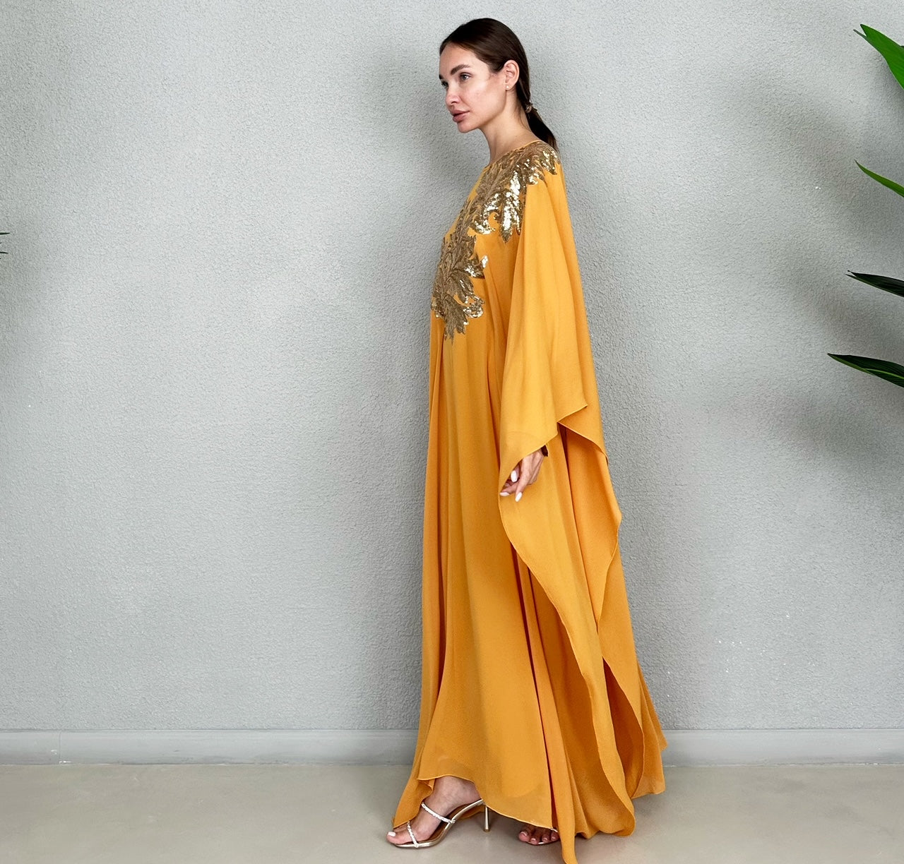 RAM23 RAMA MUSTARD GOLD SEQUINS CHIFFON KAFTAN