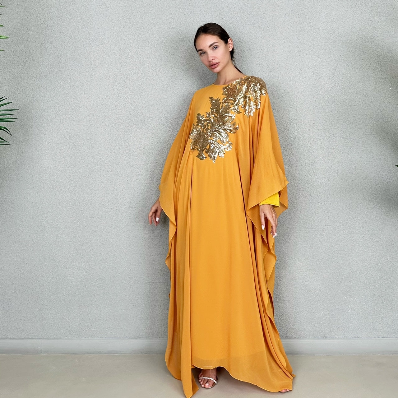 RAM23 RAMA MUSTARD GOLD SEQUINS CHIFFON KAFTAN