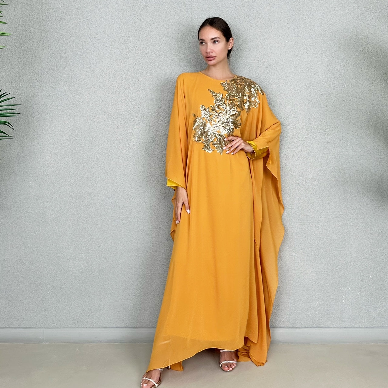 RAM23 RAMA MUSTARD GOLD SEQUINS CHIFFON KAFTAN