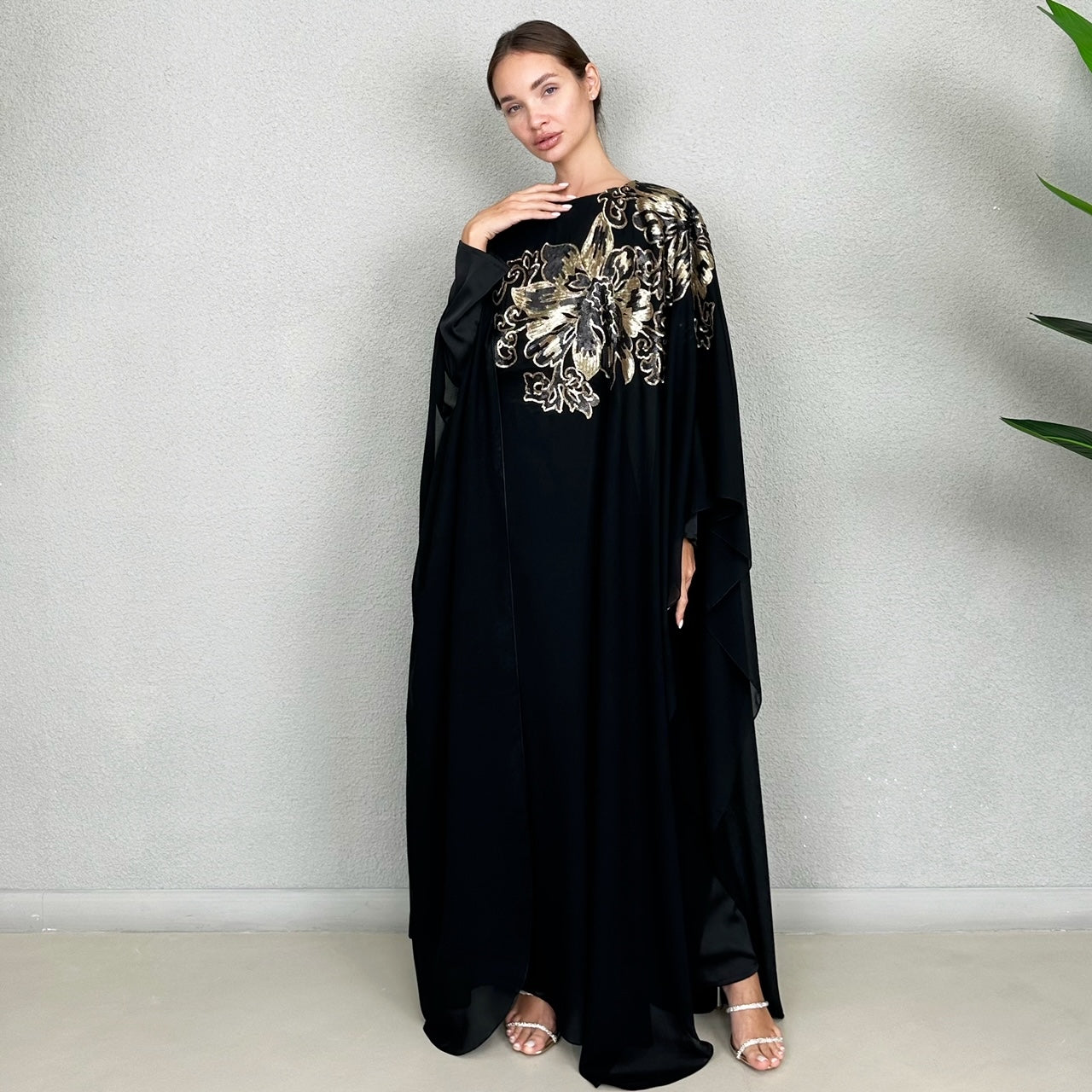 RAM23 RAMA BLACK GOLD SEQUINS CHIFFON KAFTAN