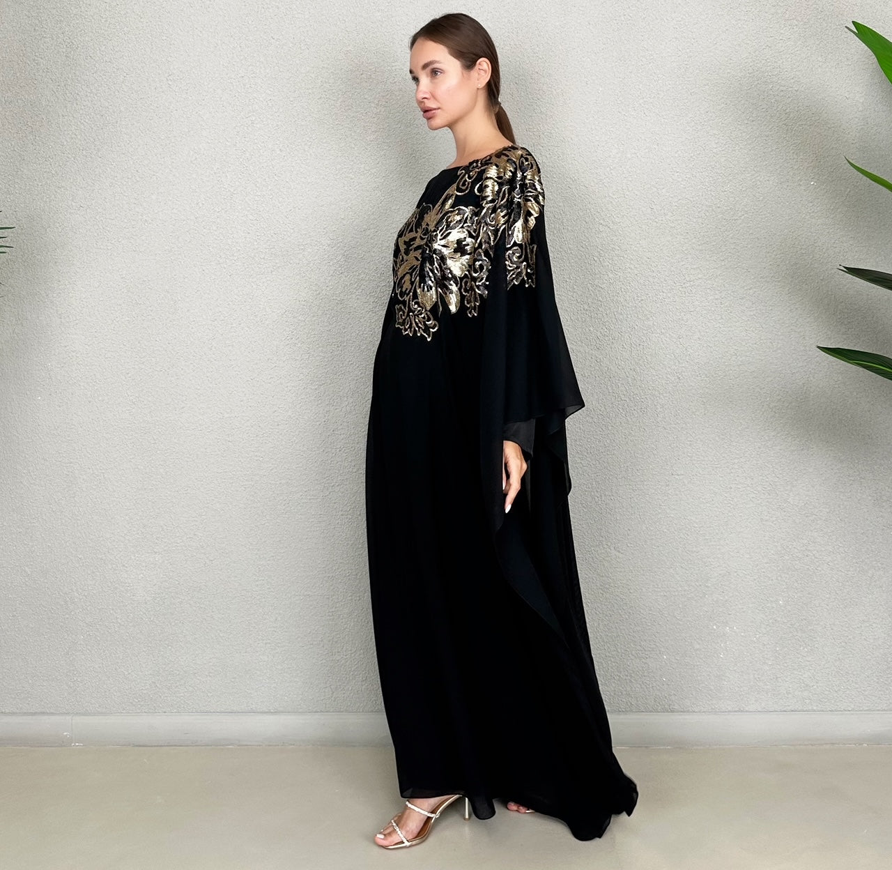 RAM23 RAMA BLACK GOLD SEQUINS CHIFFON KAFTAN