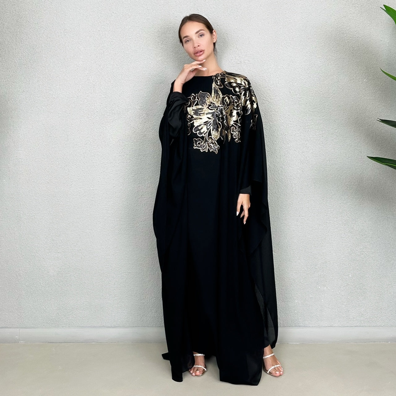 RAM23 RAMA BLACK GOLD SEQUINS CHIFFON KAFTAN