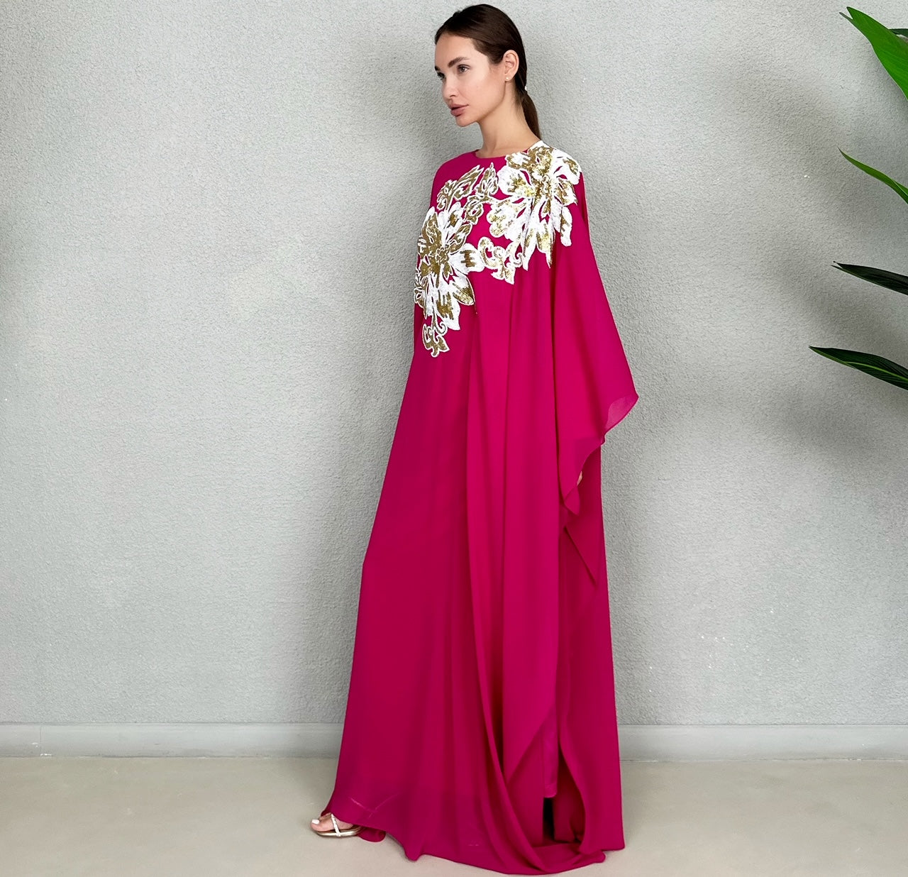 RAM23 RAMA HOT PINK WHITE GOLD SEQUINS CHIFFON KAFTAN