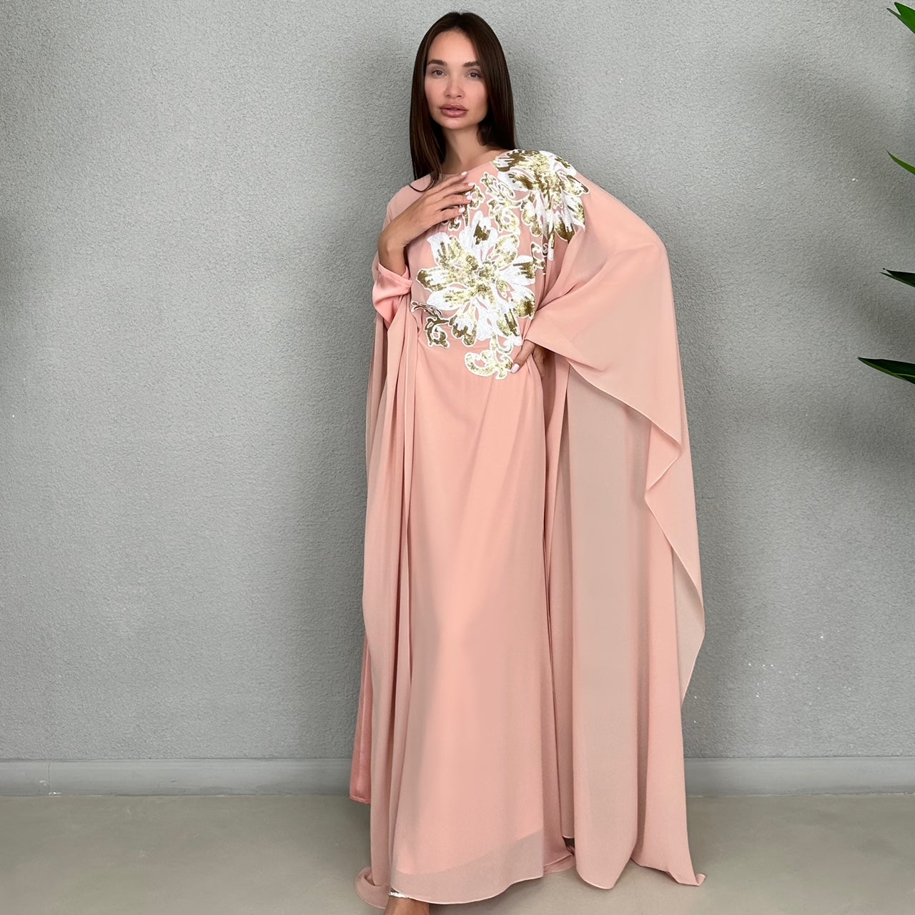 RAM23 RAMA PINK WHITE GOLD SEQUINS CHIFFON KAFTAN