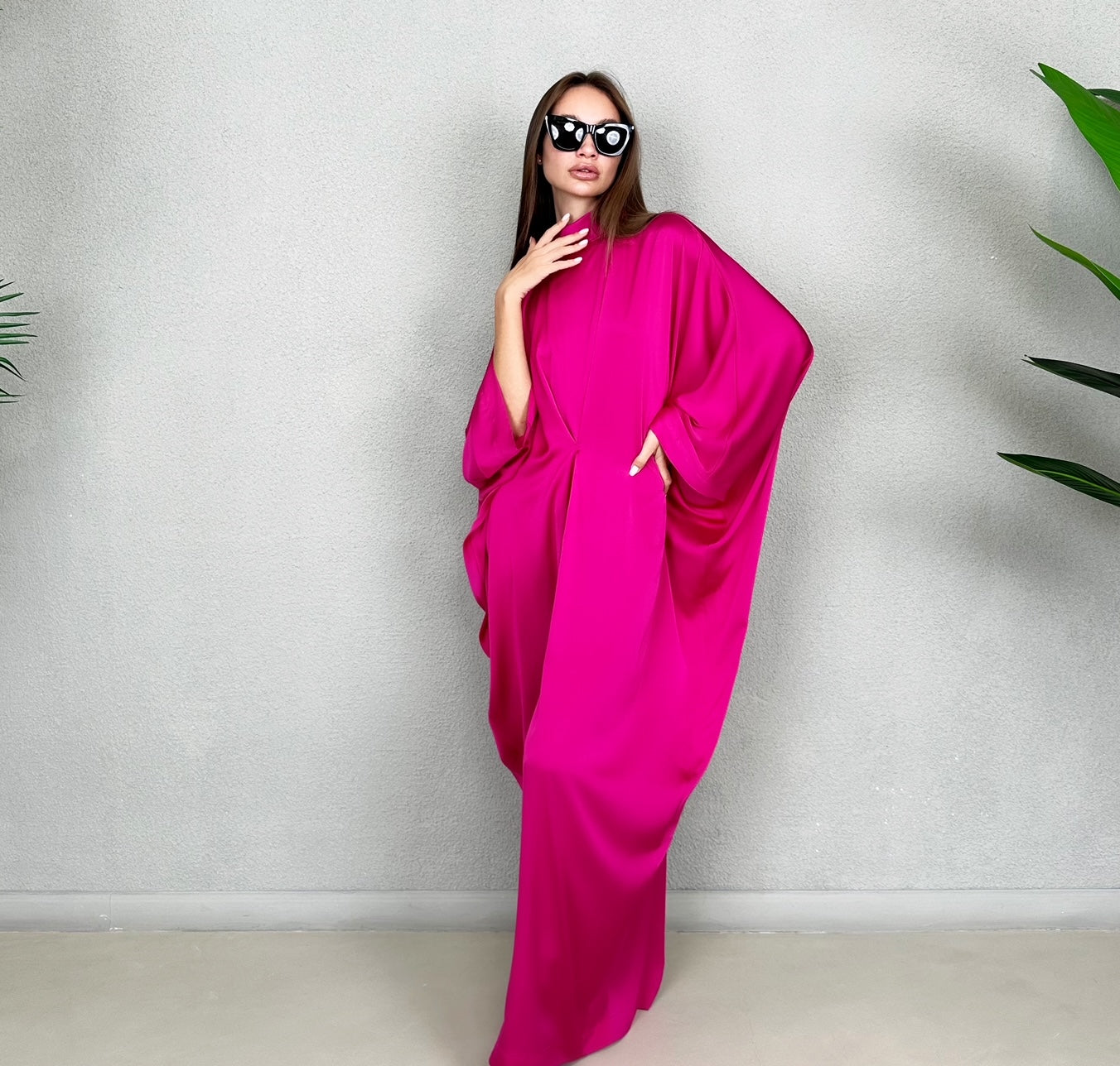 RAM23 JAMILA HIGH NECK HOT PINK SILK SATIN KAFTAN