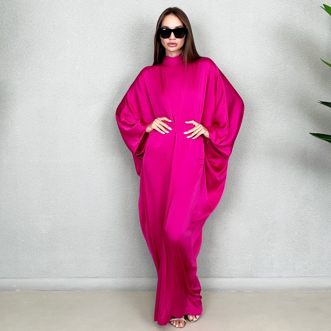 RAM23 JAMILA HIGH NECK HOT PINK SILK SATIN KAFTAN