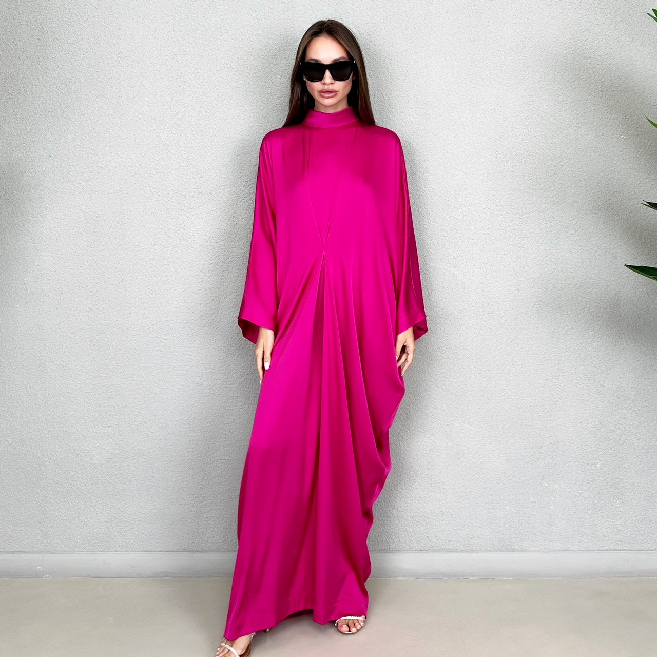 RAM23 JAMILA HIGH NECK HOT PINK SILK SATIN KAFTAN