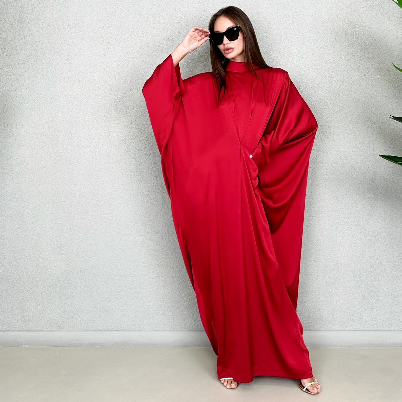 RAM23 JAMILA HIGH NECK RED PEPPER SILK SATIN KAFTAN