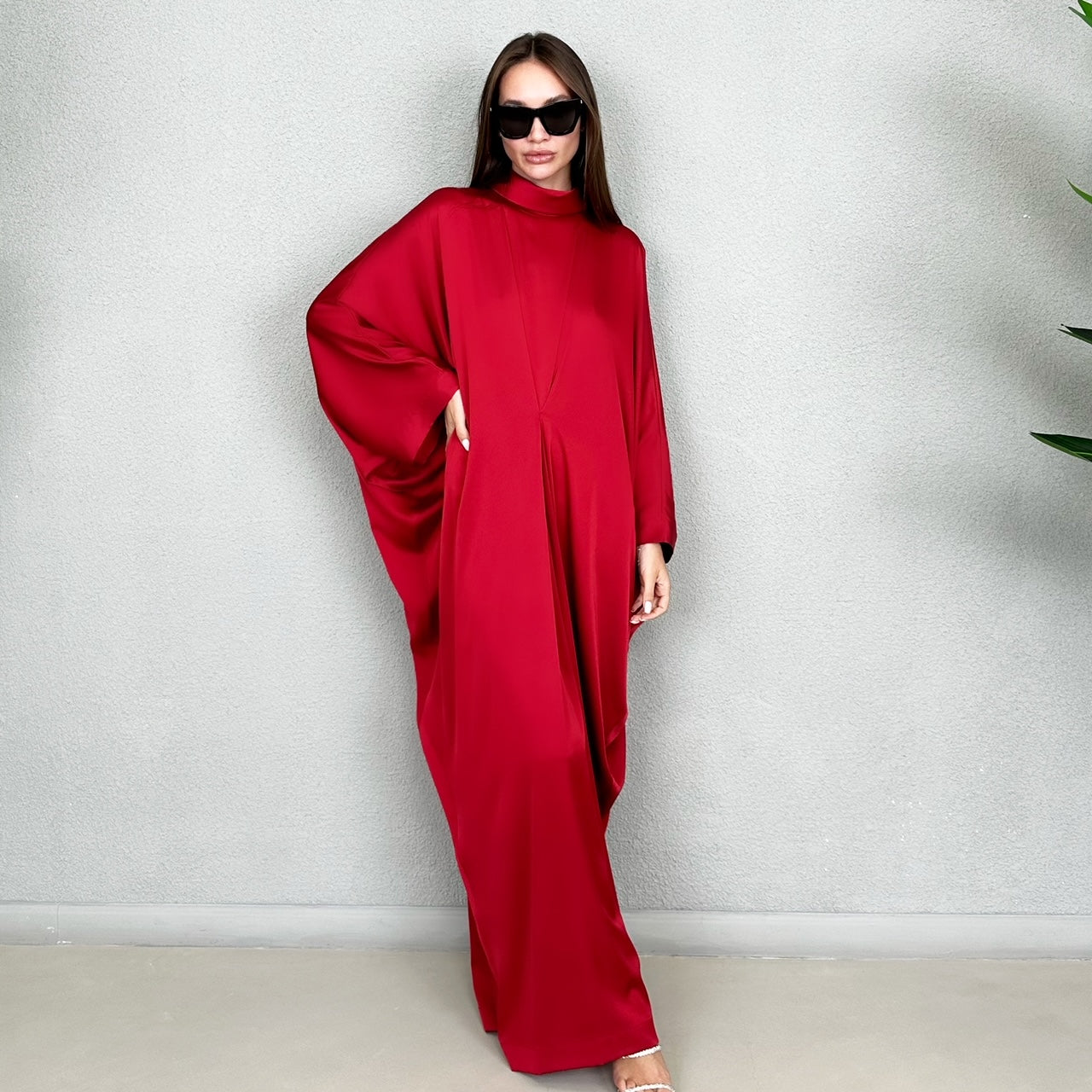 RAM23 JAMILA HIGH NECK RED PEPPER SILK SATIN KAFTAN