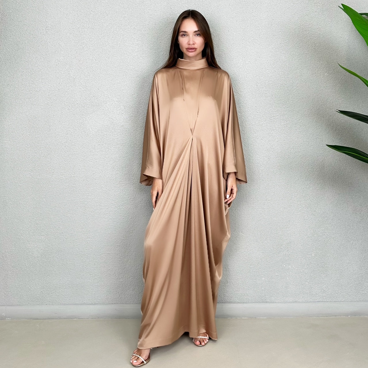 RAM23 JAMILA HIGH NECK SALTED CARAMEL SILK SATIN KAFTAN