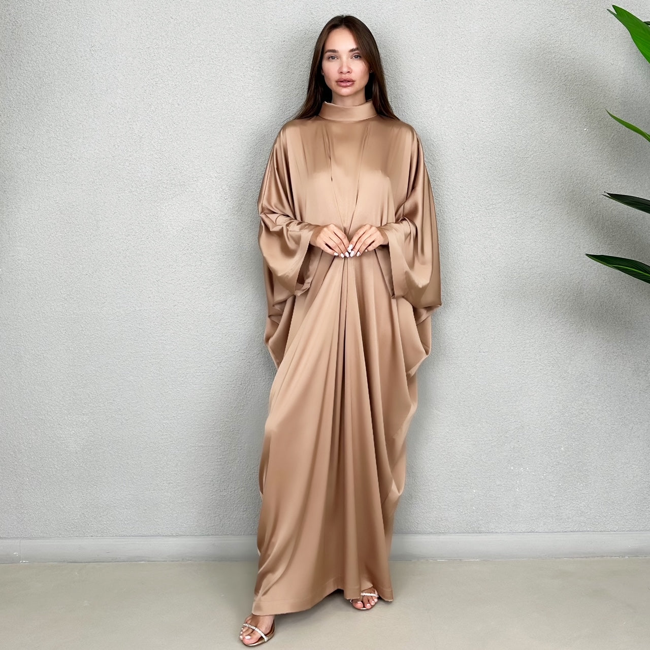 RAM23 JAMILA HIGH NECK SALTED CARAMEL SILK SATIN KAFTAN