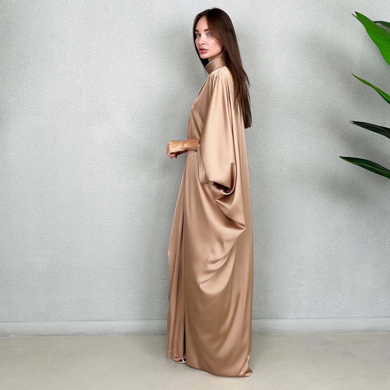 RAM23 JAMILA HIGH NECK SALTED CARAMEL SILK SATIN KAFTAN