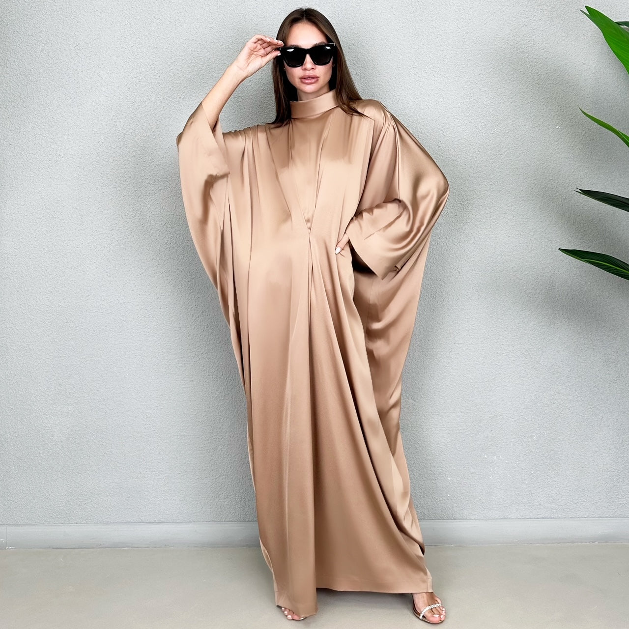 RAM23 JAMILA HIGH NECK SALTED CARAMEL SILK SATIN KAFTAN