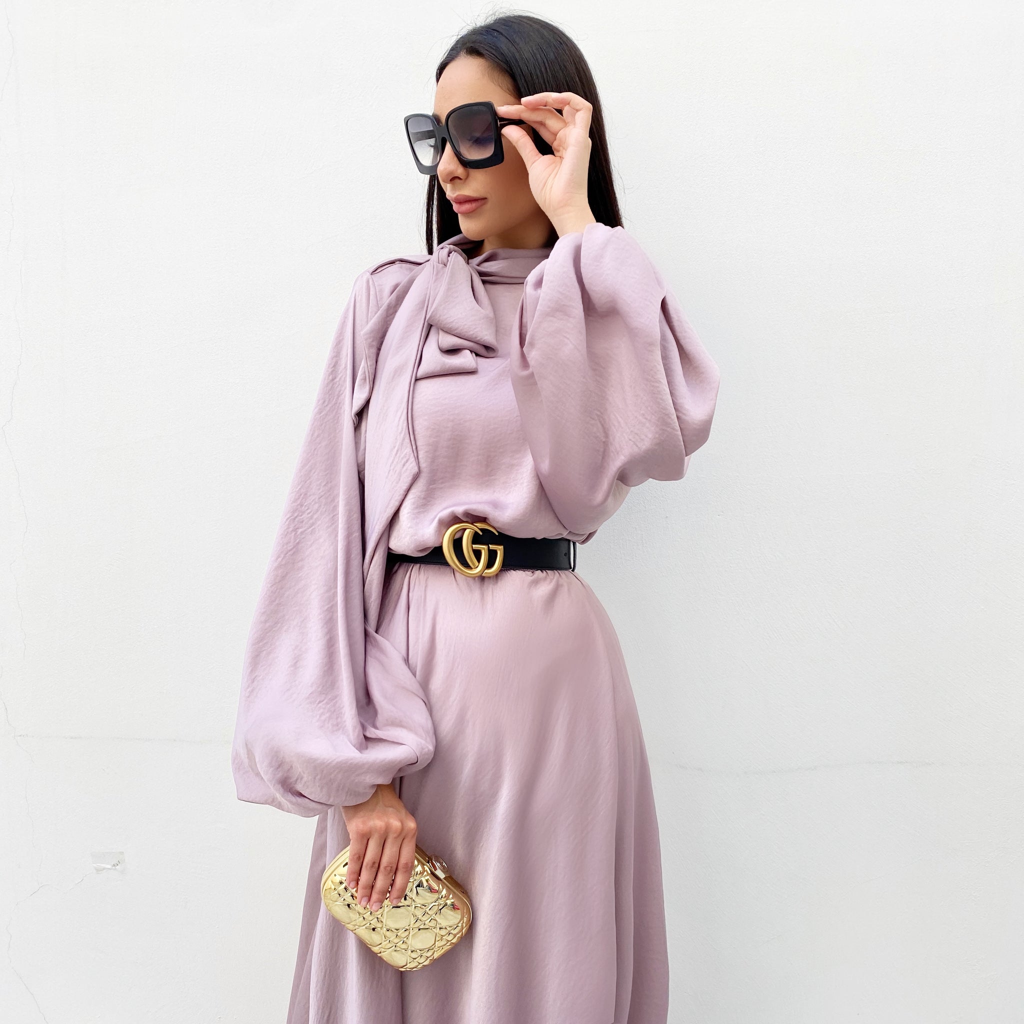 RAM20 MAUVE BALLOON SLEEVE BELTED MAXI DRESS