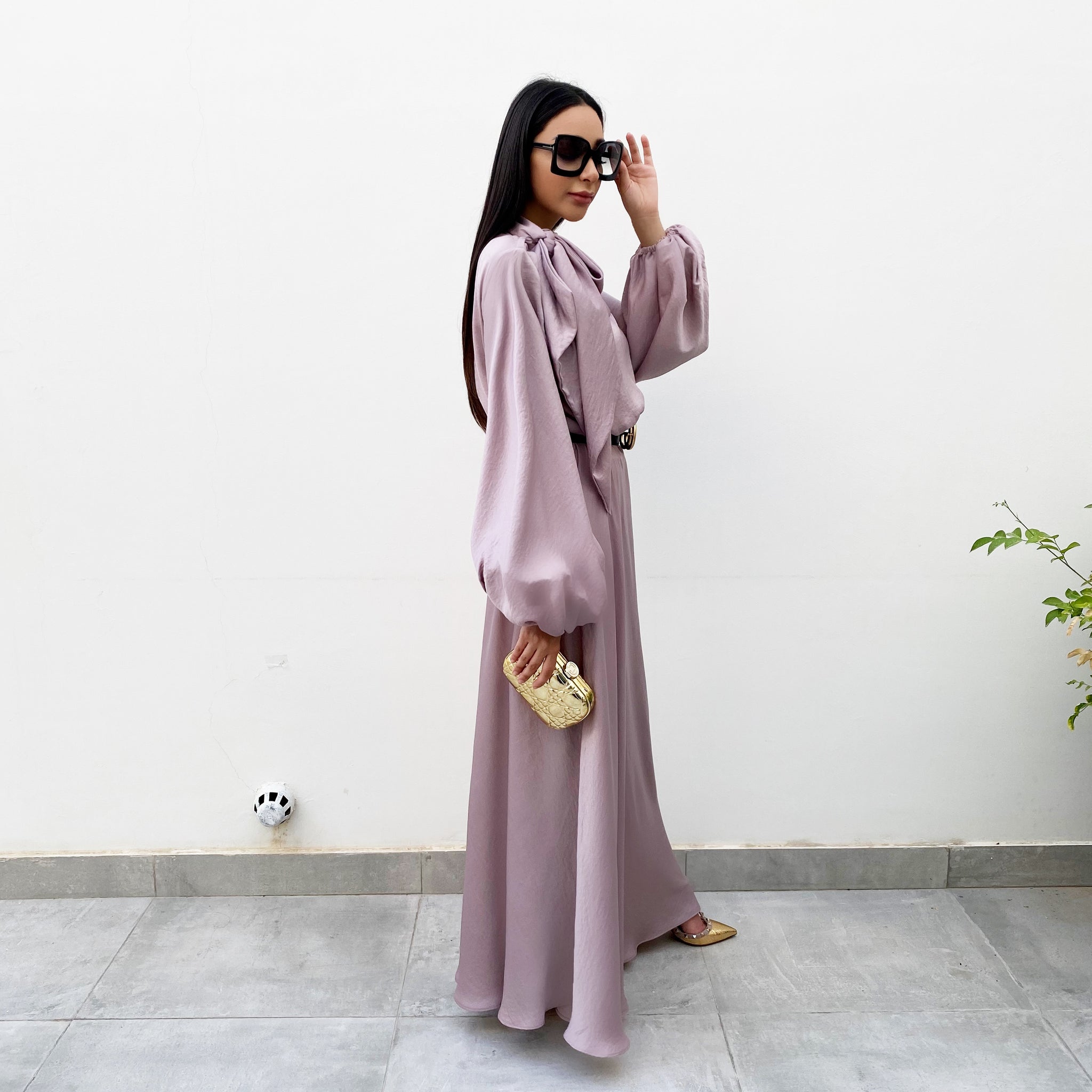 RAM20 MAUVE BALLOON SLEEVE BELTED MAXI DRESS