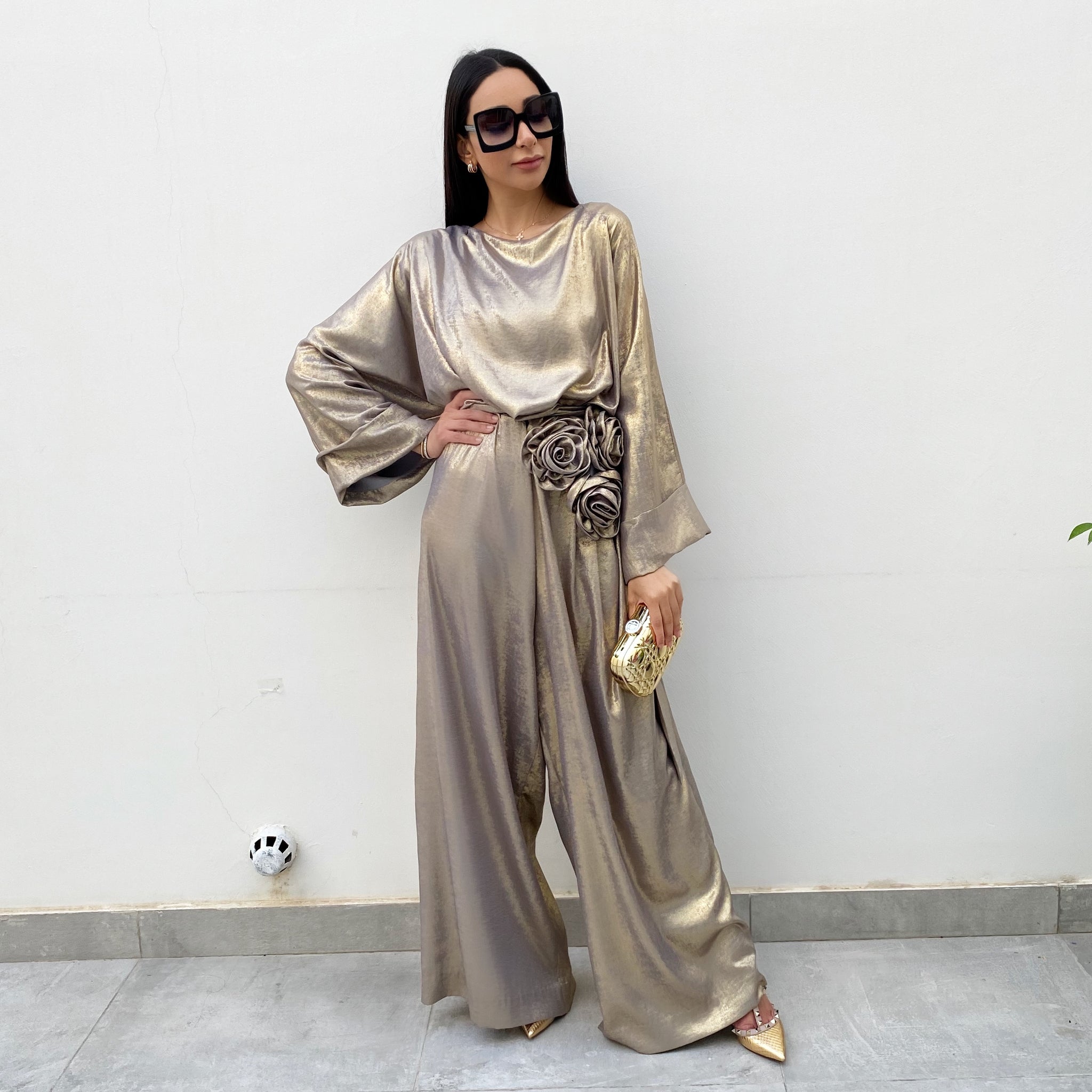 RAM20 GREY MATT GOLD SHIMMER JUMPSUIT WITH ROSES