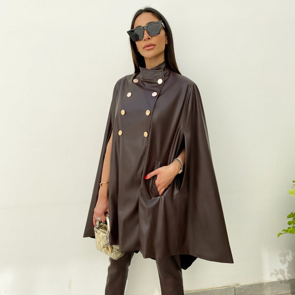 AW19 COFFEE FAUX LEATHER GRADUATED SHORT CAPE – Qabeela