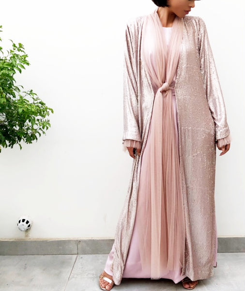 SS18  PINK SEQUINS EVENING  ABAYA WITH GATHERED TULLE