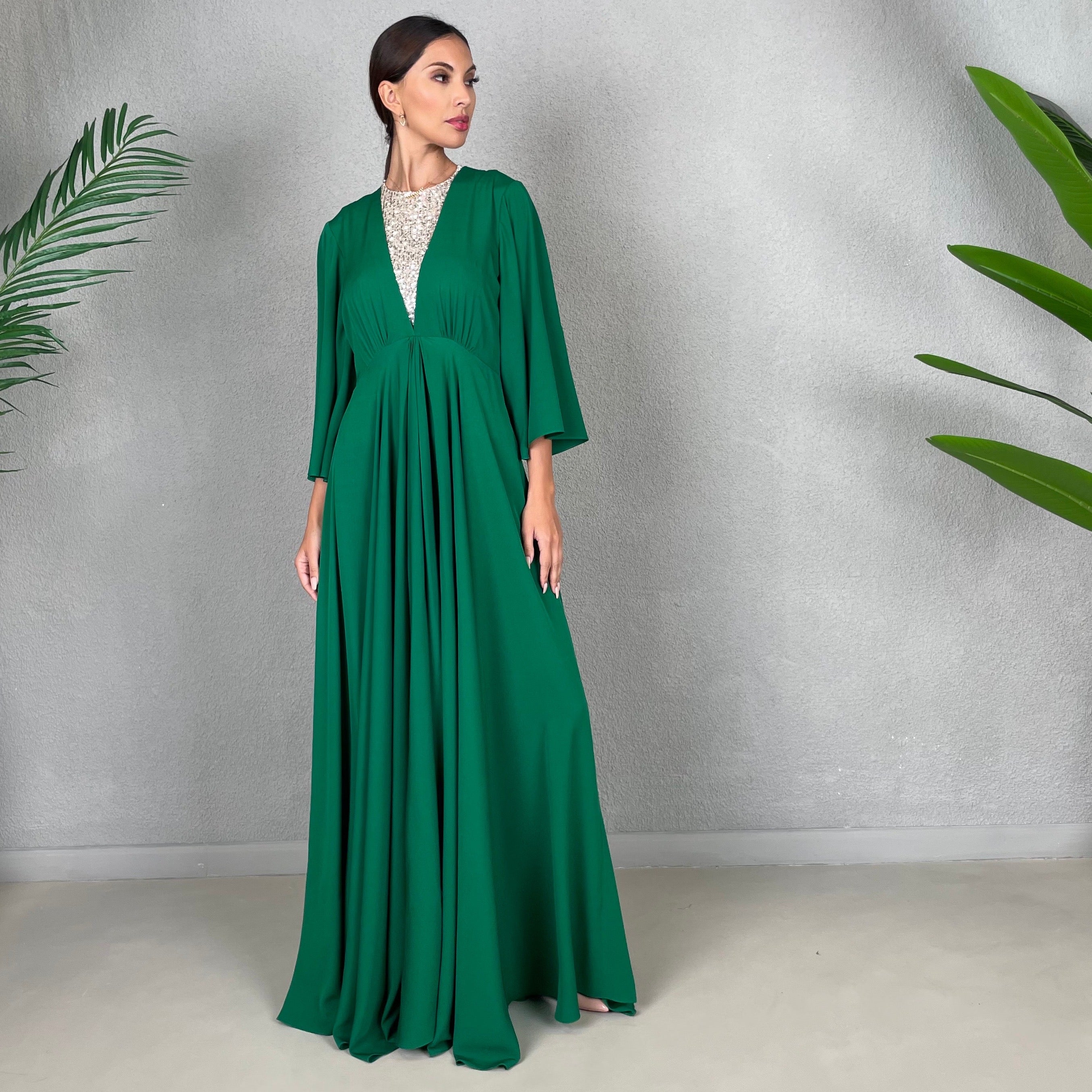 EMMA EMERALD GREEN MATT SATIN EMPIRE LINE DRESS