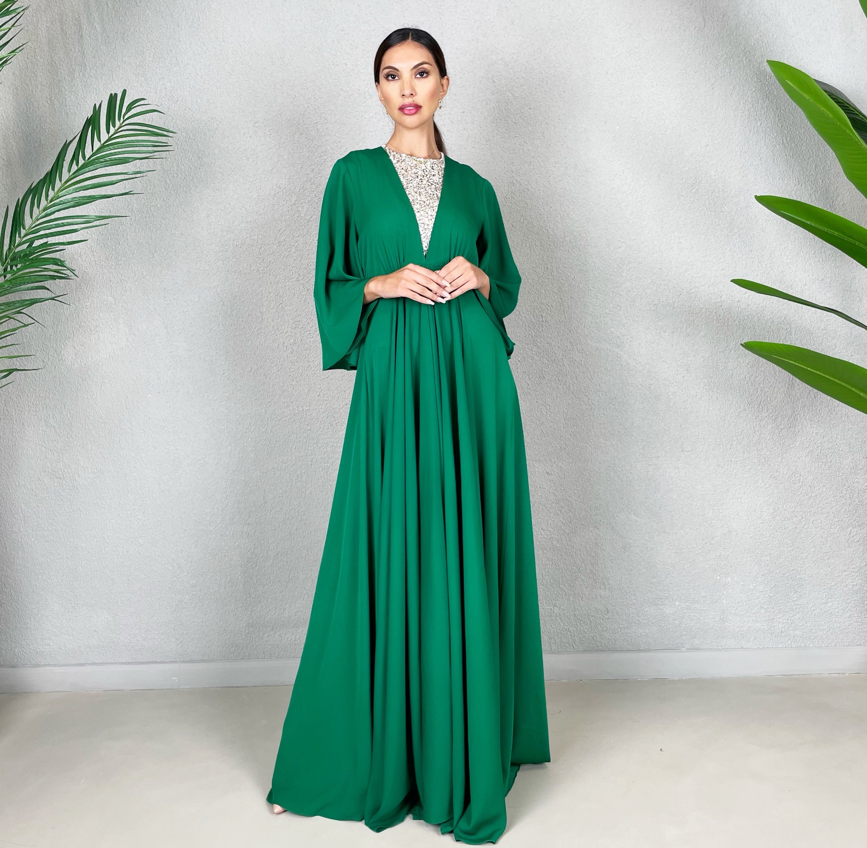 EMMA EMERALD GREEN MATT SATIN EMPIRE LINE DRESS