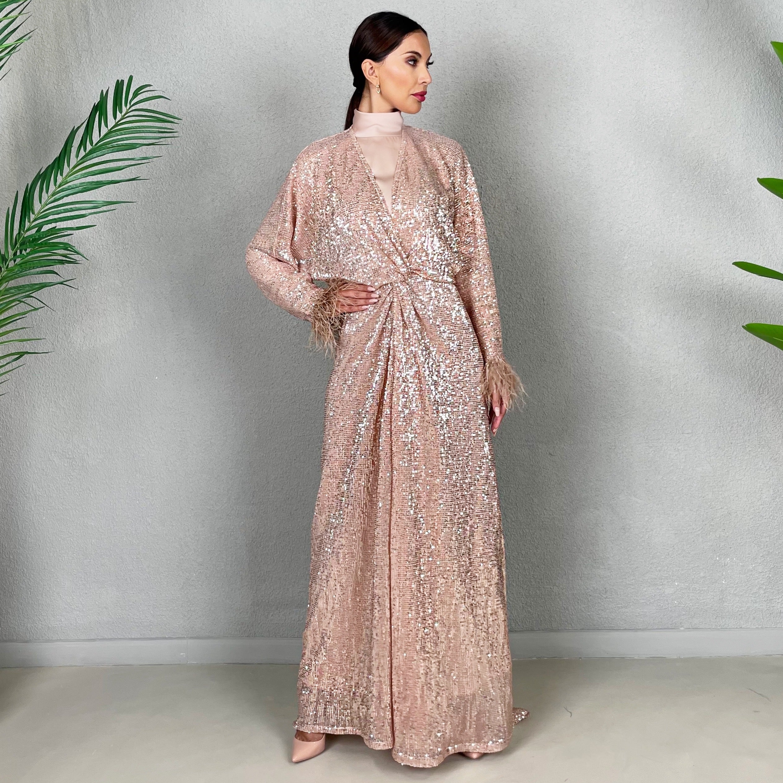 RAM22 ROSE GOLD SEQUINS KNOT FRONT DRESS