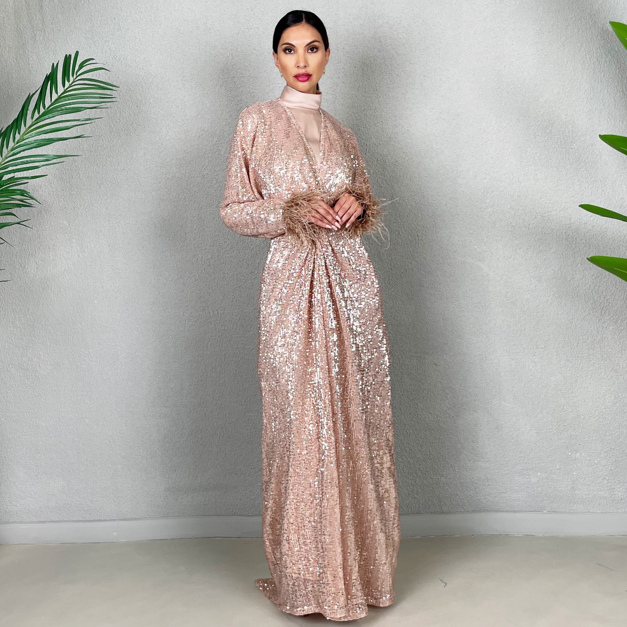 RAM22 ROSE GOLD SEQUINS KNOT FRONT DRESS