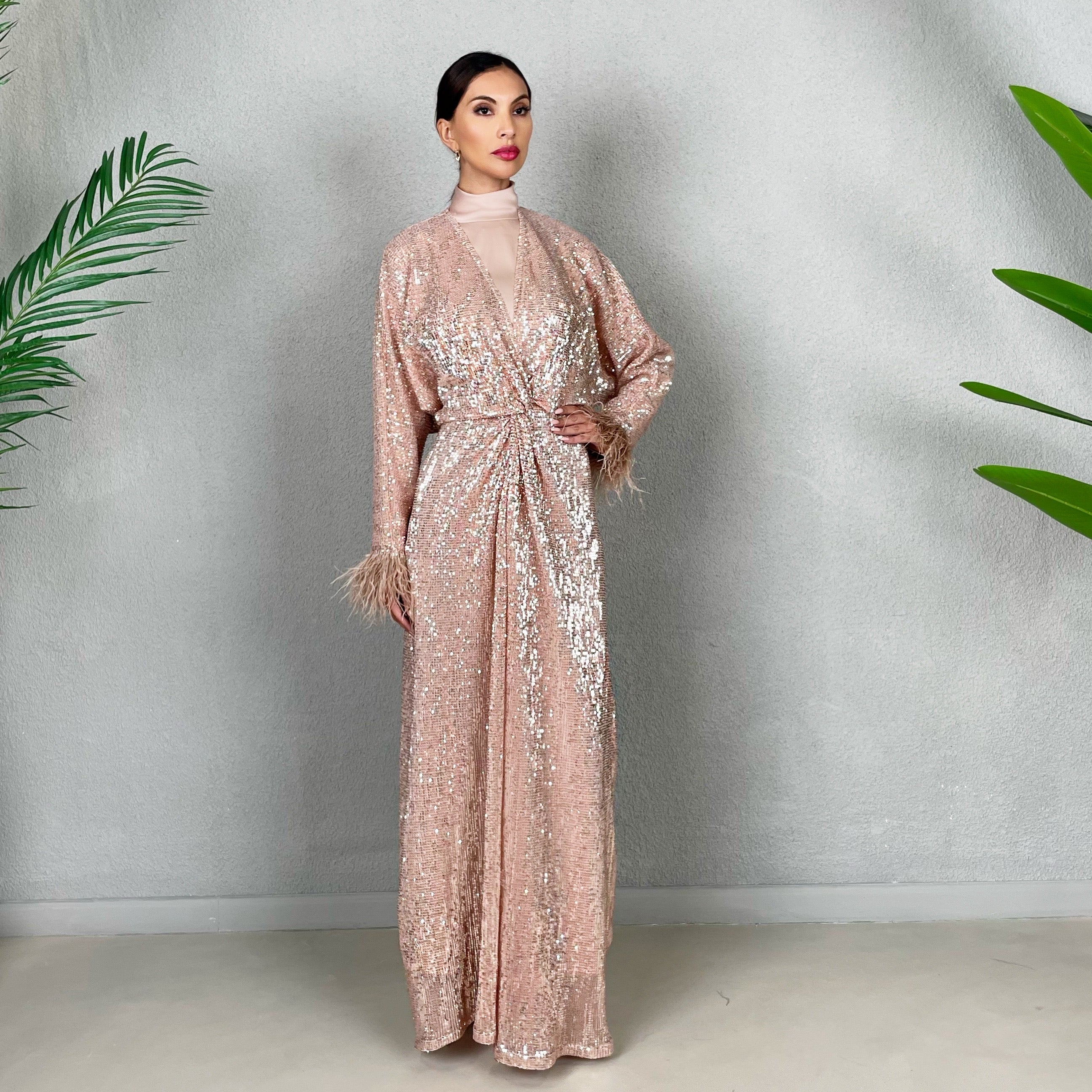 RAM22 ROSE GOLD SEQUINS KNOT FRONT DRESS