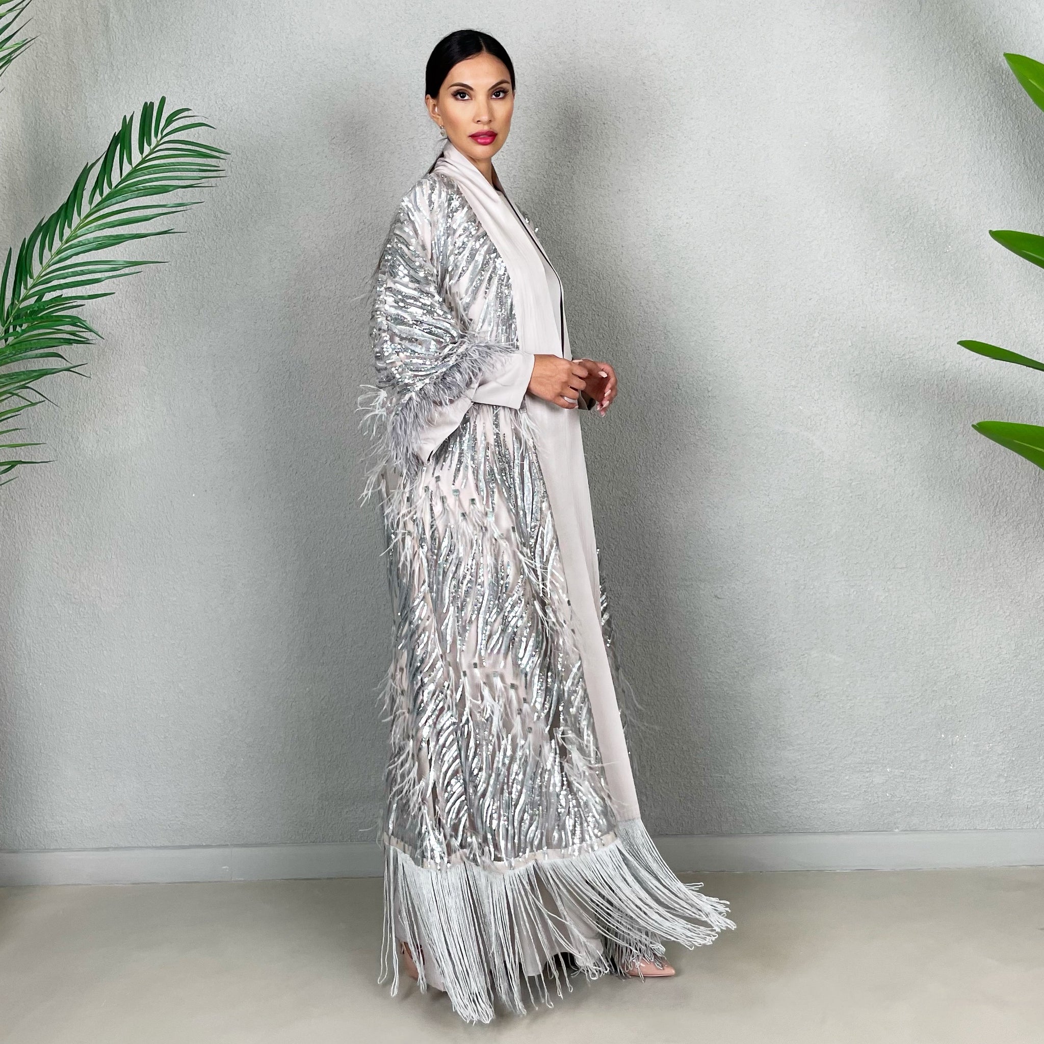 RAM22 MARIAM GREY TULLE WITH SEQUINS & OSTRICH FEATHERS ABAYA & DRESS