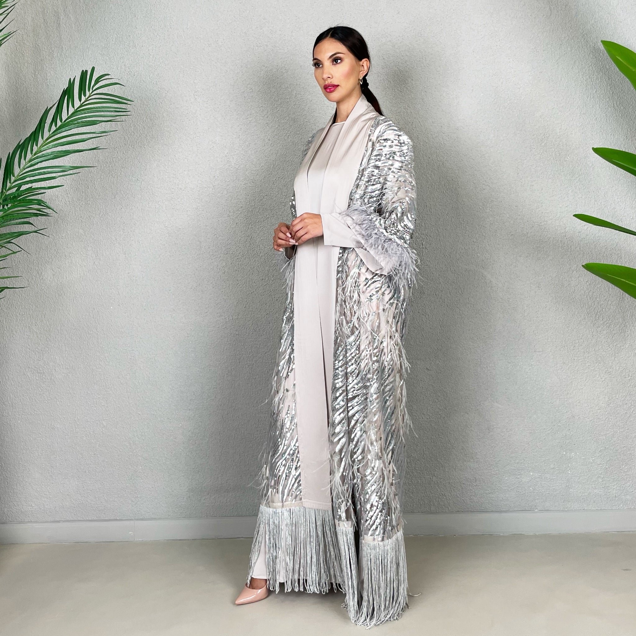 RAM22 MARIAM GREY TULLE WITH SEQUINS & OSTRICH FEATHERS ABAYA & DRESS
