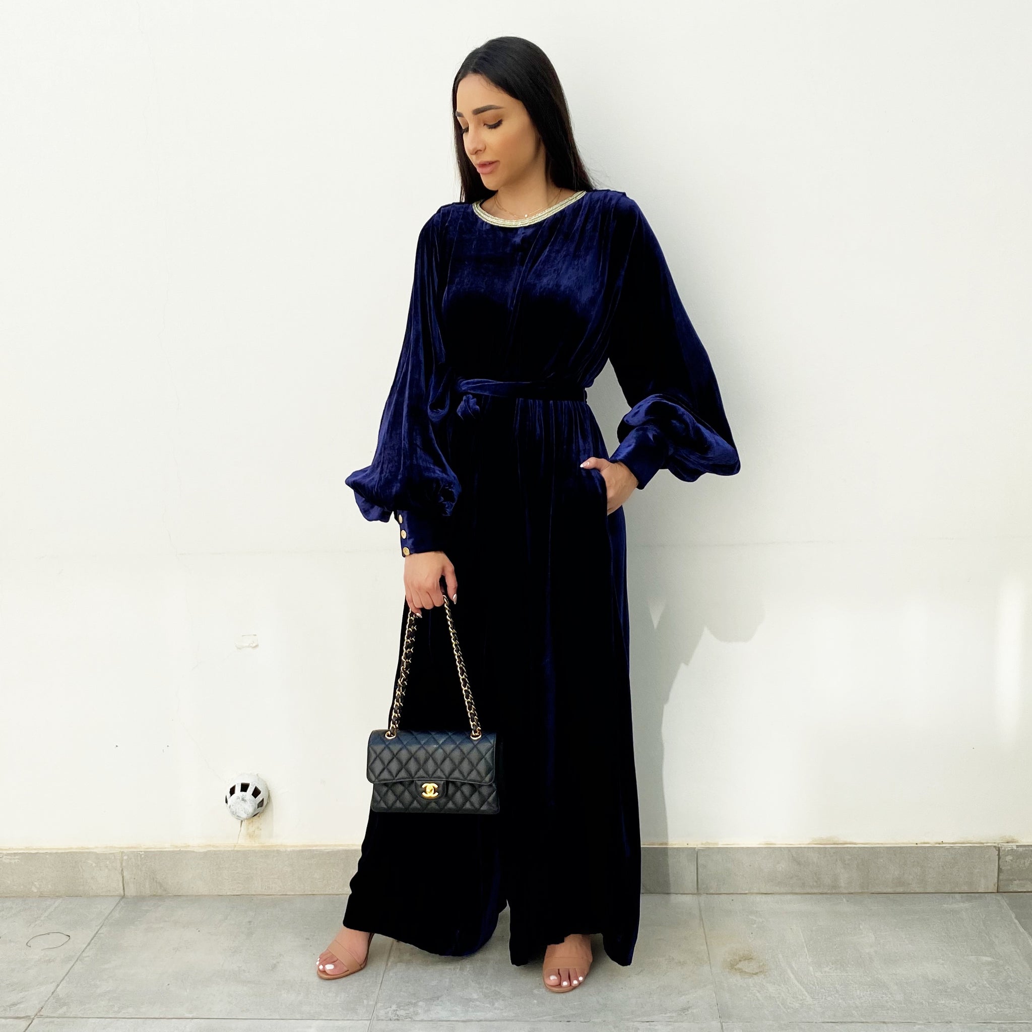 AW20 MIDNIGHT BLUE SILK VELVET JUMPSUIT