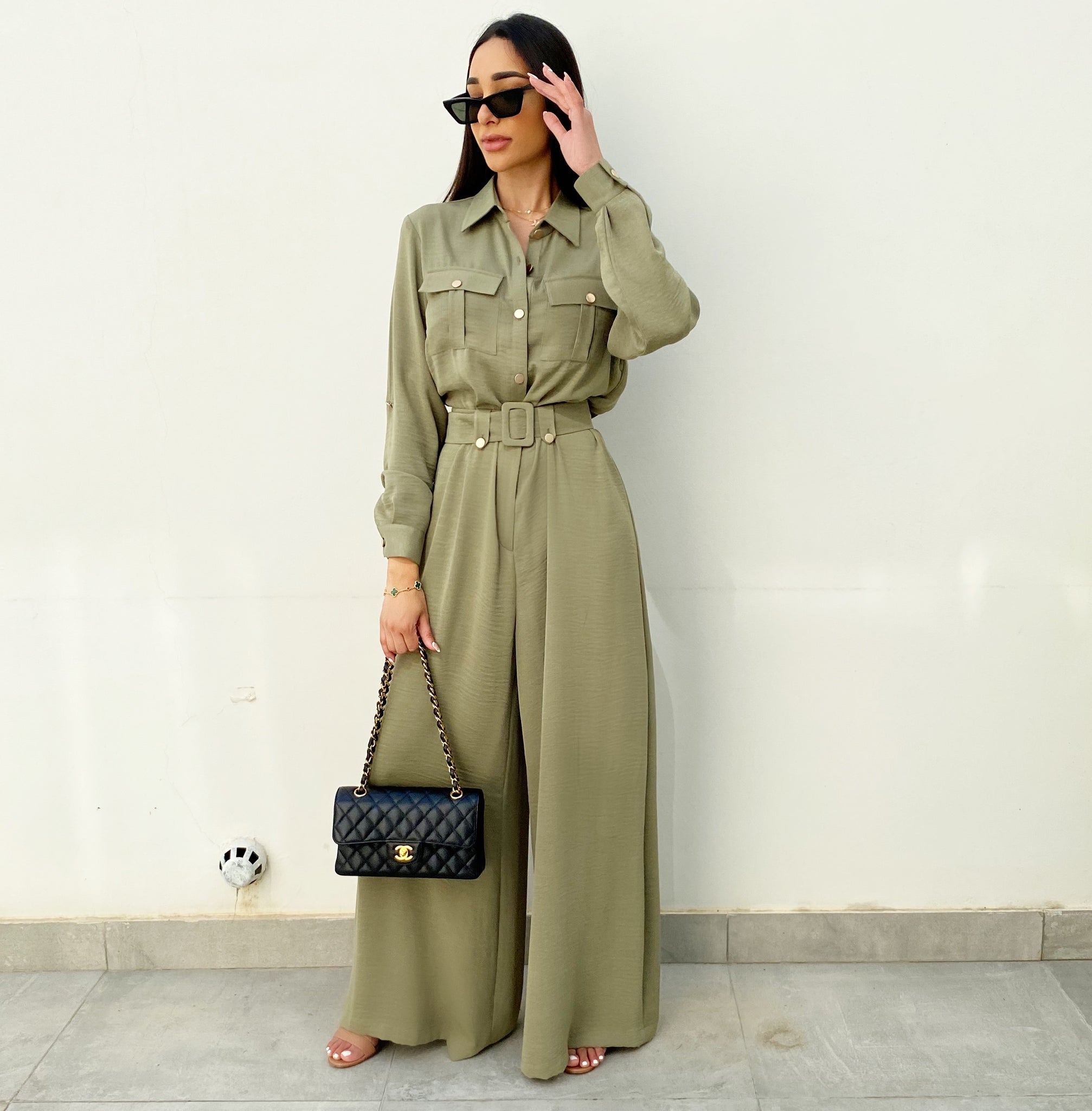 AW20 MOSS SILK MATT GREEN UTILITY JUMPSUIT