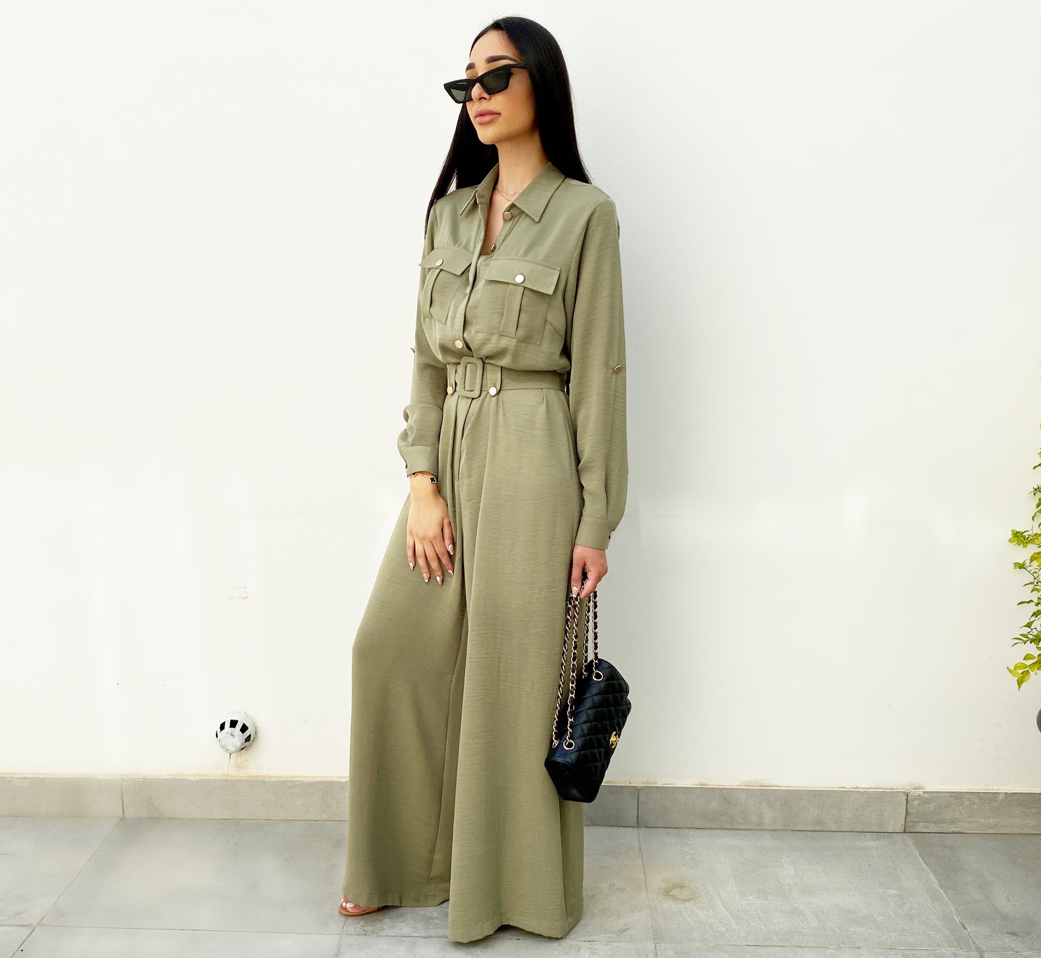 AW20 MOSS SILK MATT GREEN UTILITY JUMPSUIT