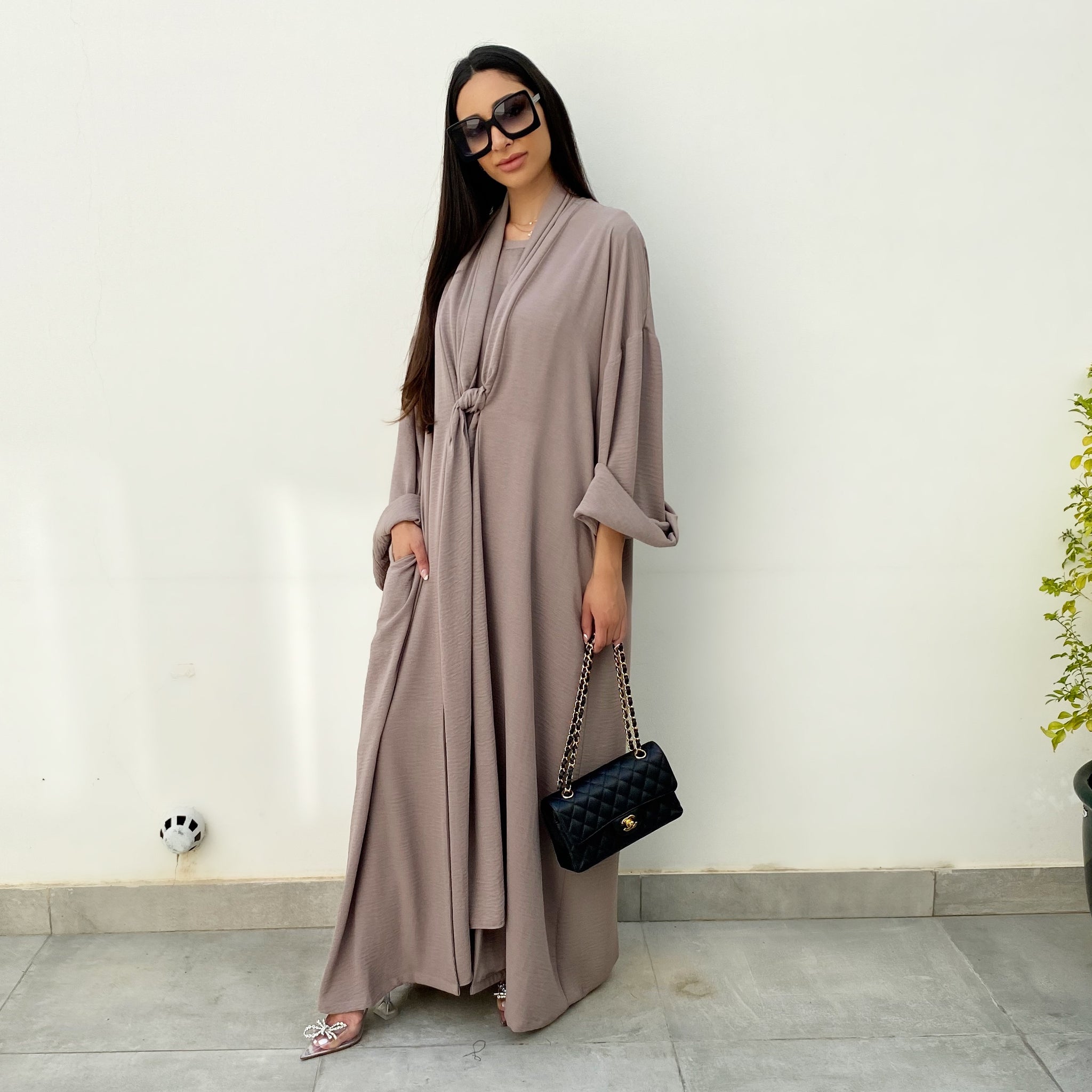 AW20 SIGNATURE TAUPE TIE ABAYA & MATCHING T SHIRT DRESS SET