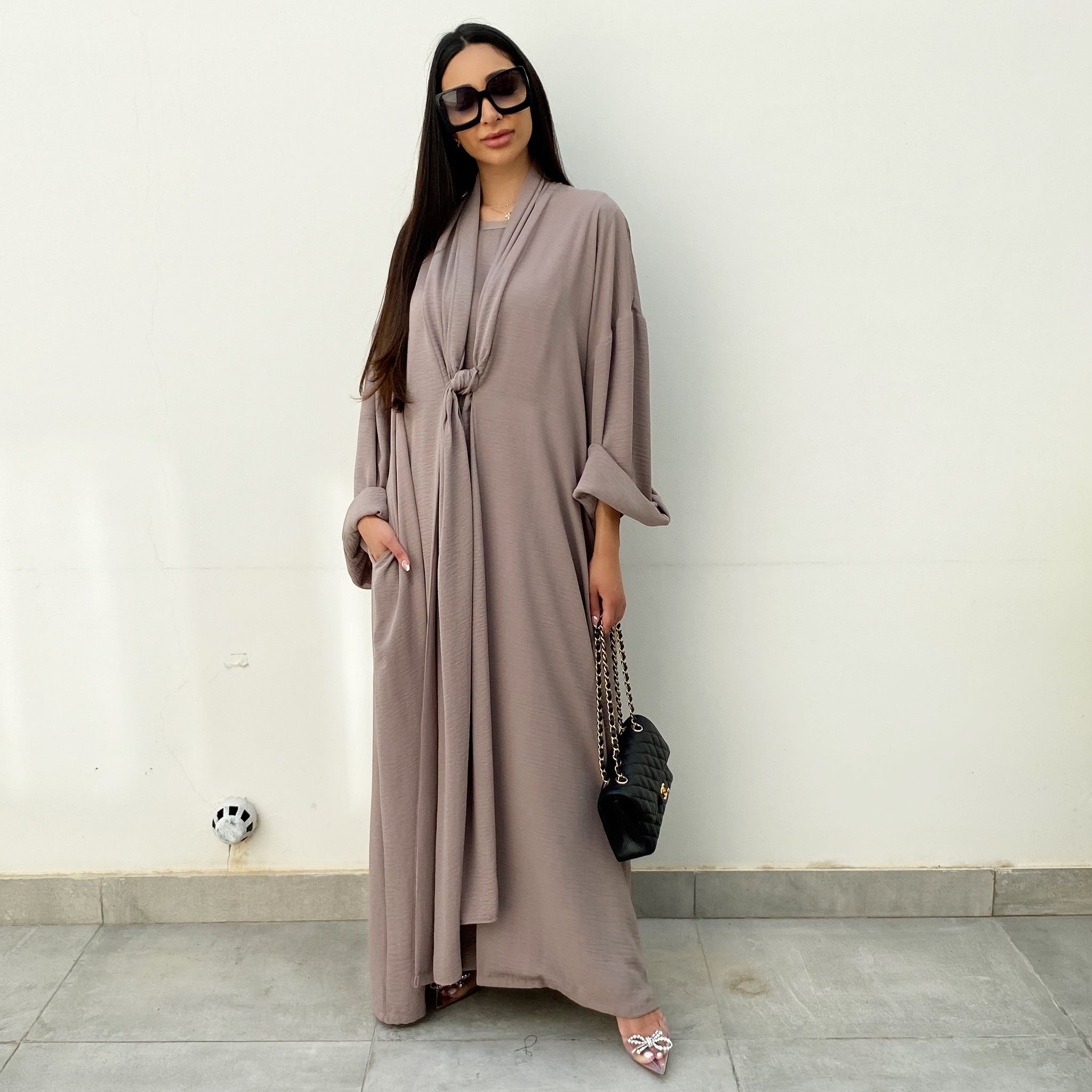 AW20 SIGNATURE TAUPE TIE ABAYA & MATCHING T SHIRT DRESS SET