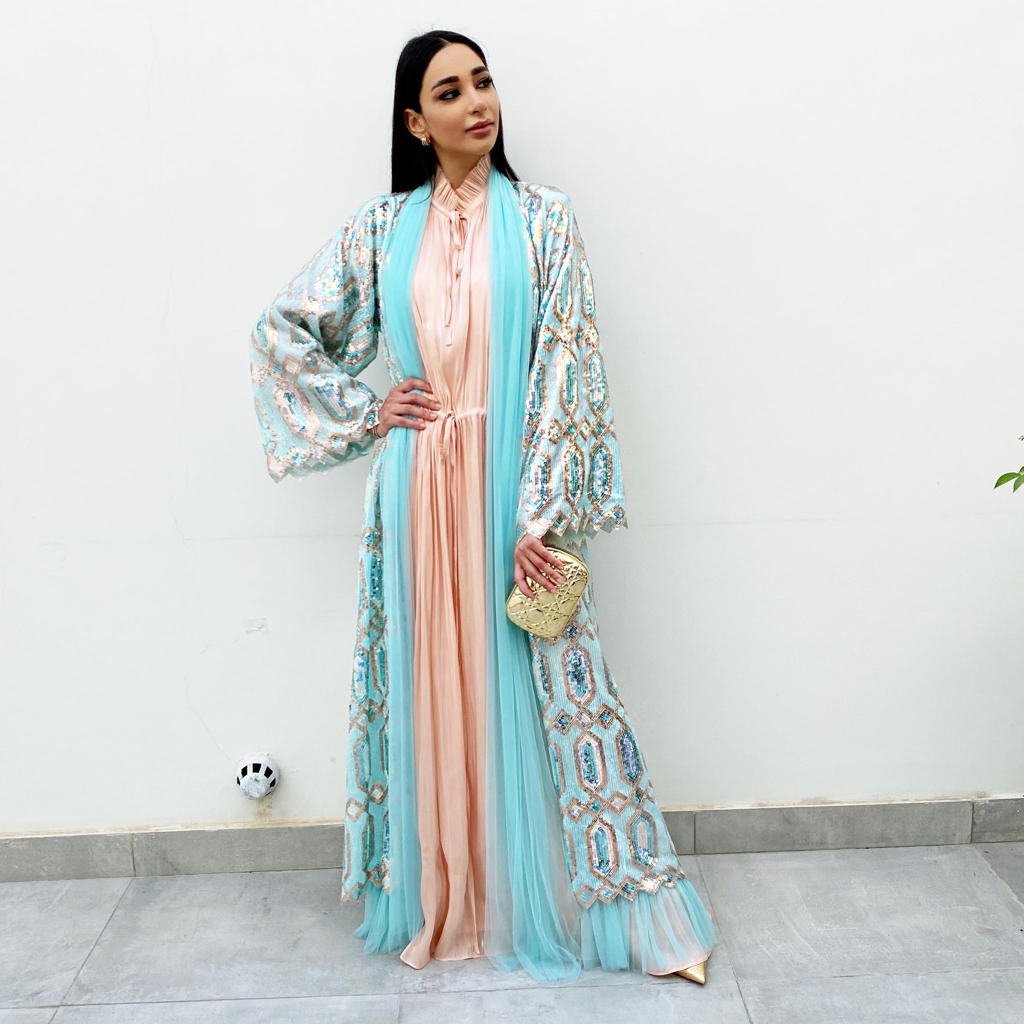 RAM20 SKY BLUE ROSE GOLD SEQUINS ABAYA WITH TULLE DETAILING