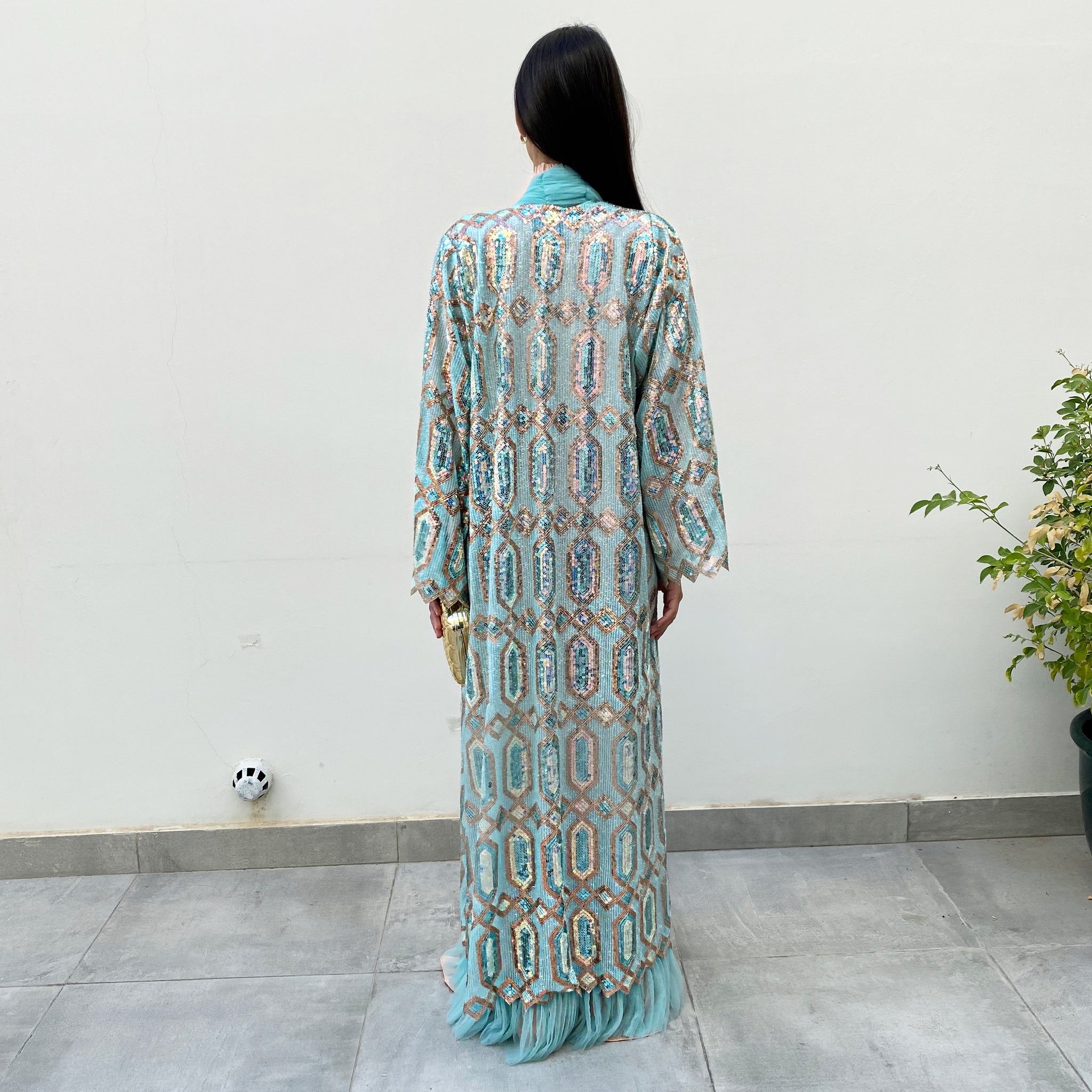 RAM20 SKY BLUE ROSE GOLD SEQUINS ABAYA WITH TULLE DETAILING