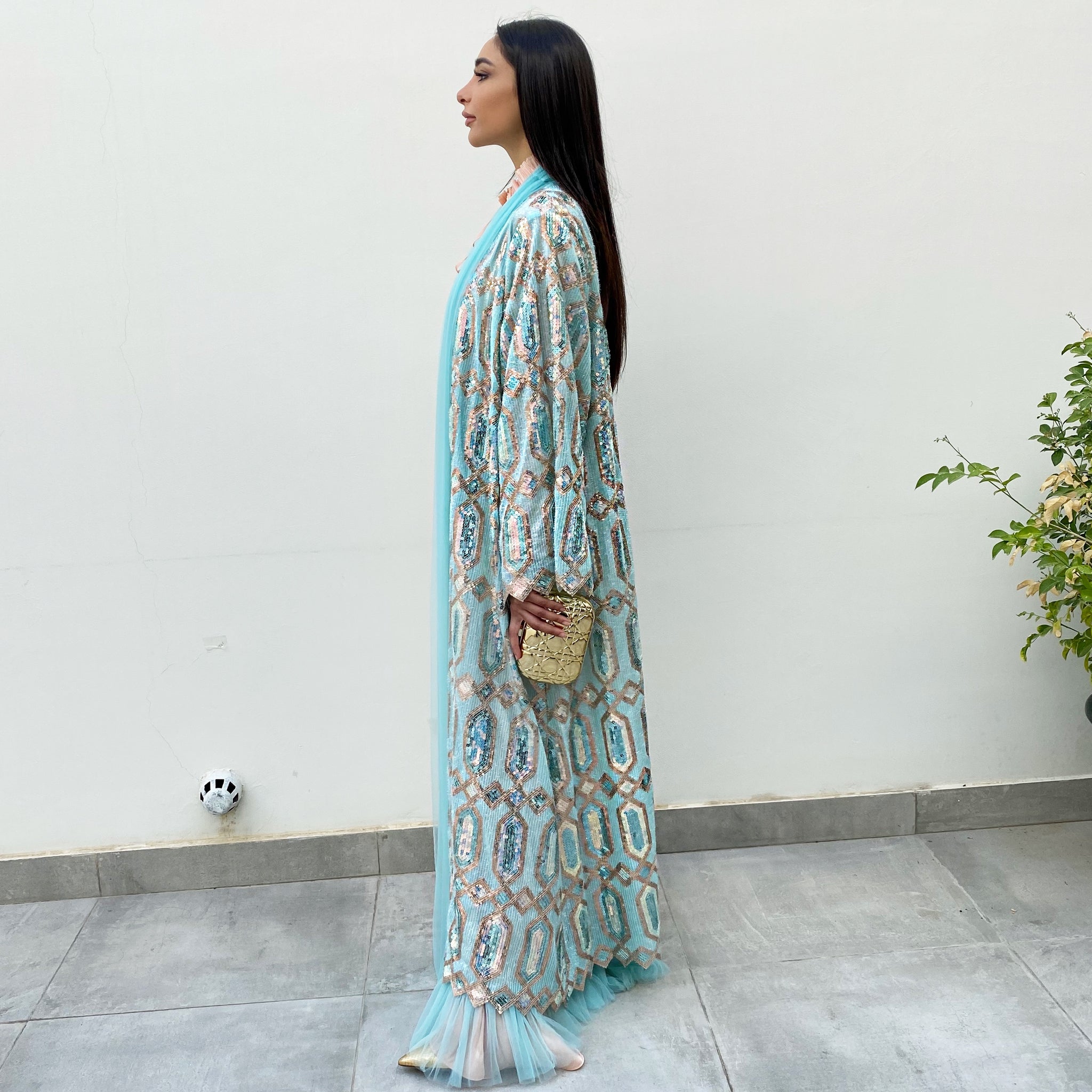 RAM20 SKY BLUE ROSE GOLD SEQUINS ABAYA WITH TULLE DETAILING