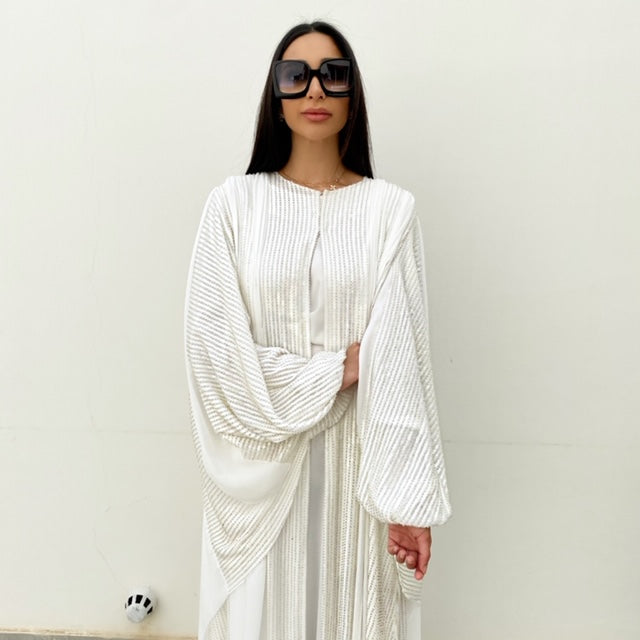 RAM20 DANA WHITE BEADS & SEQUINS TULLE CHIFFON ABAYA